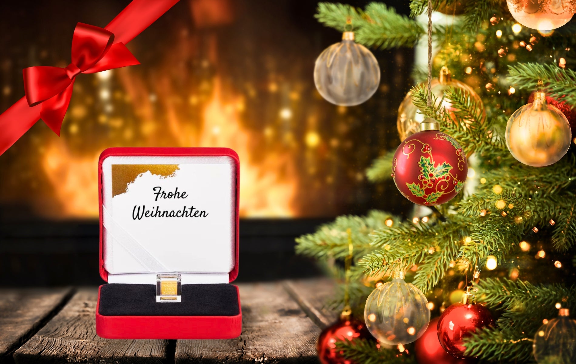 Gold im roten Etui mit Grußkarte - Frohe Weihnachten