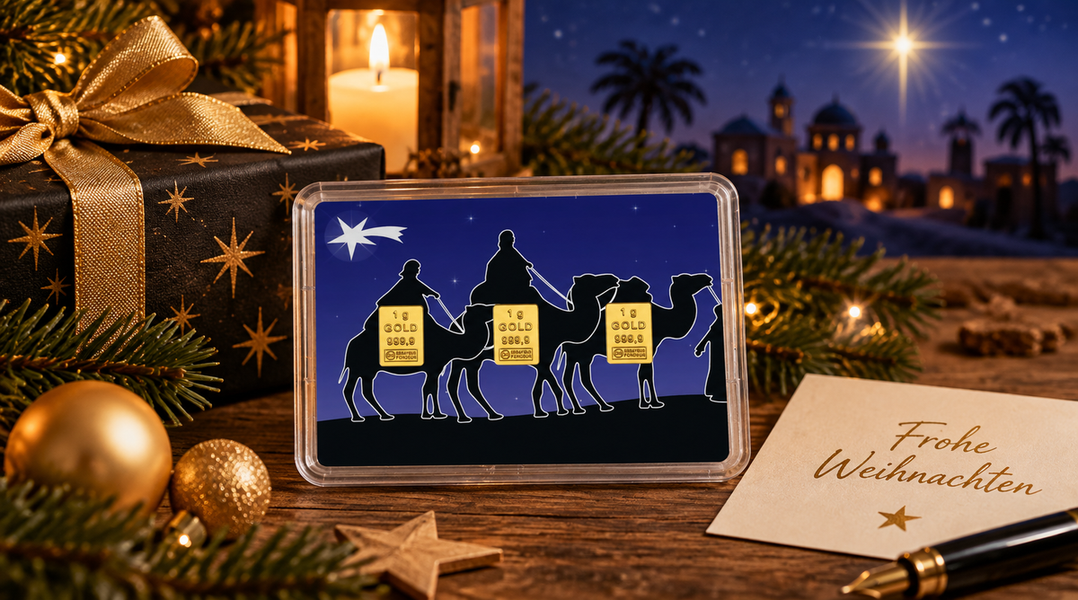 Heilige Drei Könige mit 3 Gramm Goldbarren Frohe Weihnachten