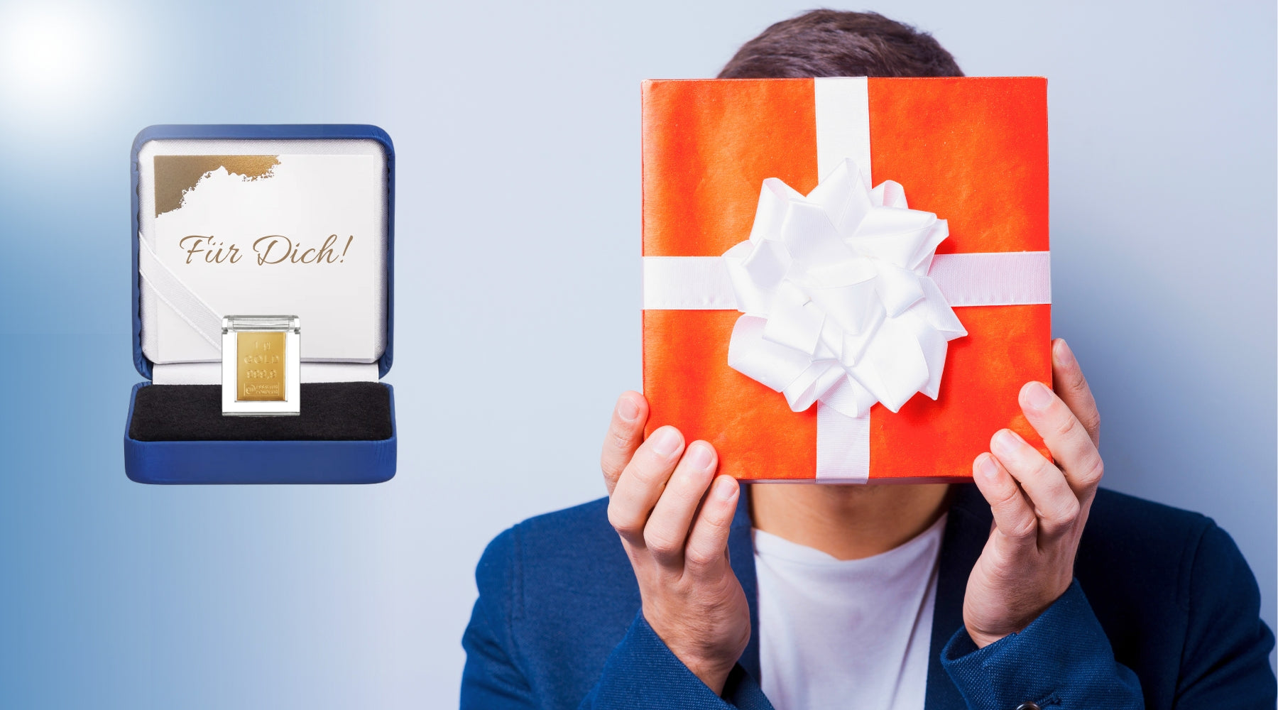 Geschenkverpackung mit Goldbarren und Grußkarte "Für Dich"