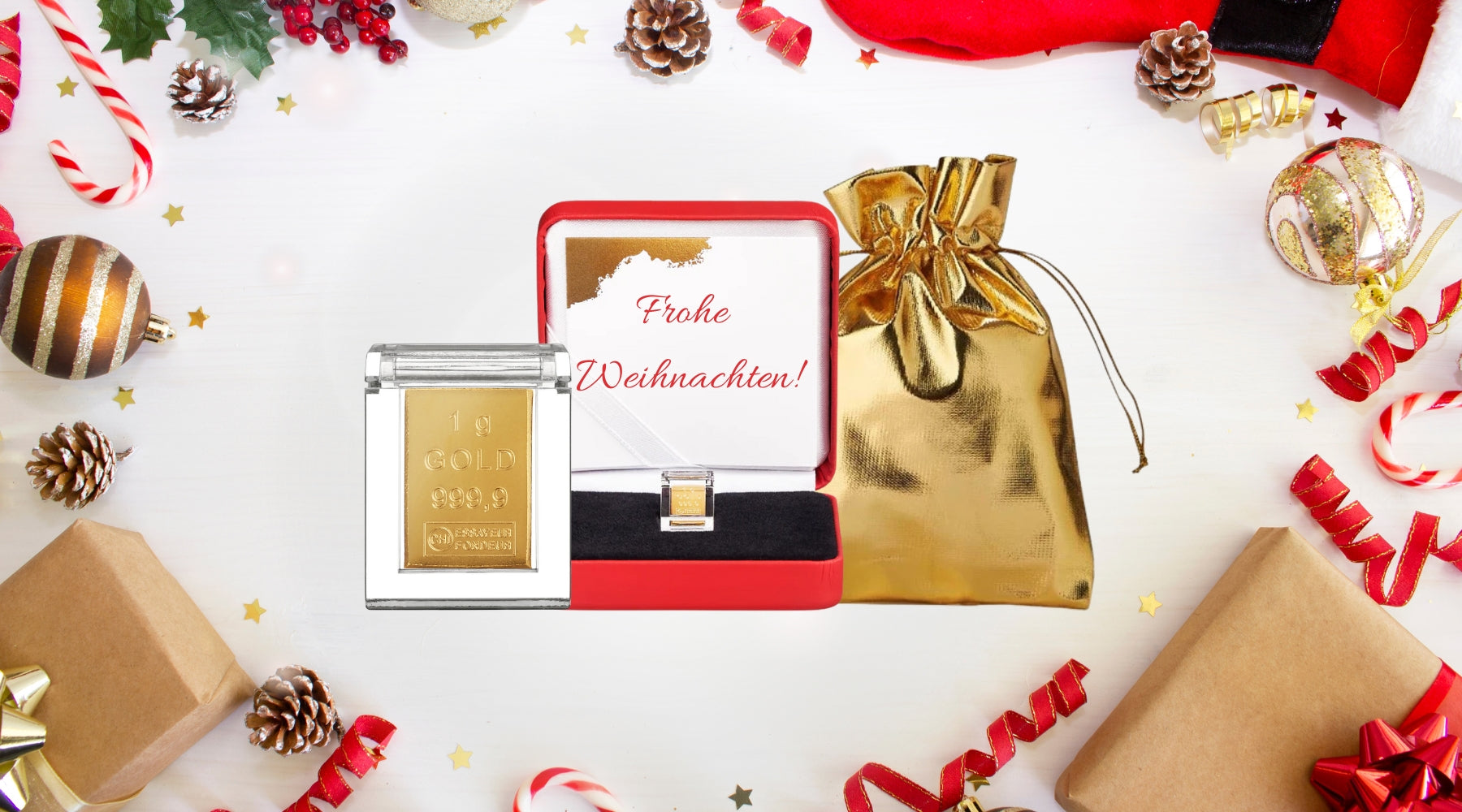 Goldgeschenk im roten Etui "Frohe Weihnachten"