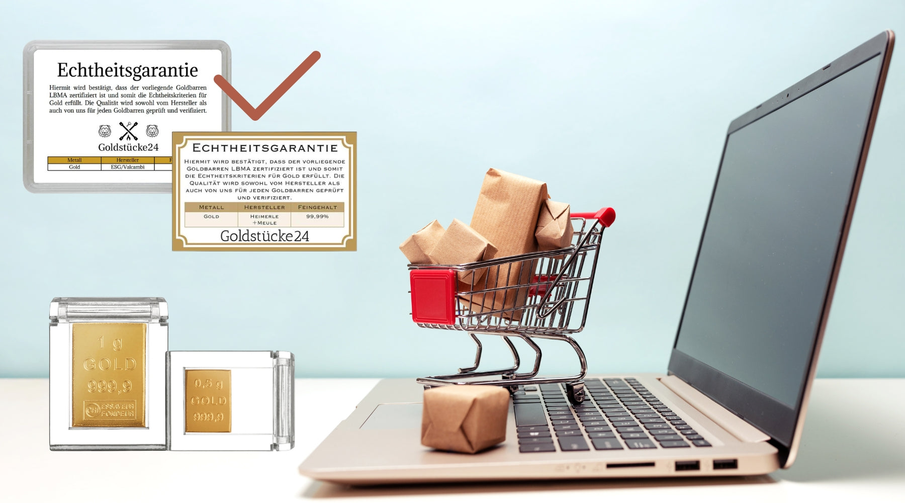 Laptop mit kleinem Einkaufswagen voller Päckchen, Goldbarren mit Echtheitsgarantie von Goldstücke24 – Symbol für sicheren und geprüften Online-Goldkauf.