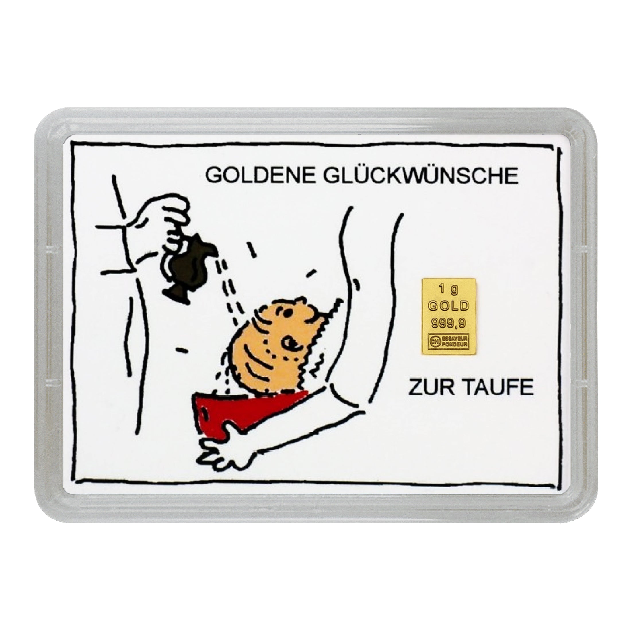 Goldbarren 1g in Geschenk-Motivbox "Goldene Glückwünsche zur Taufe"