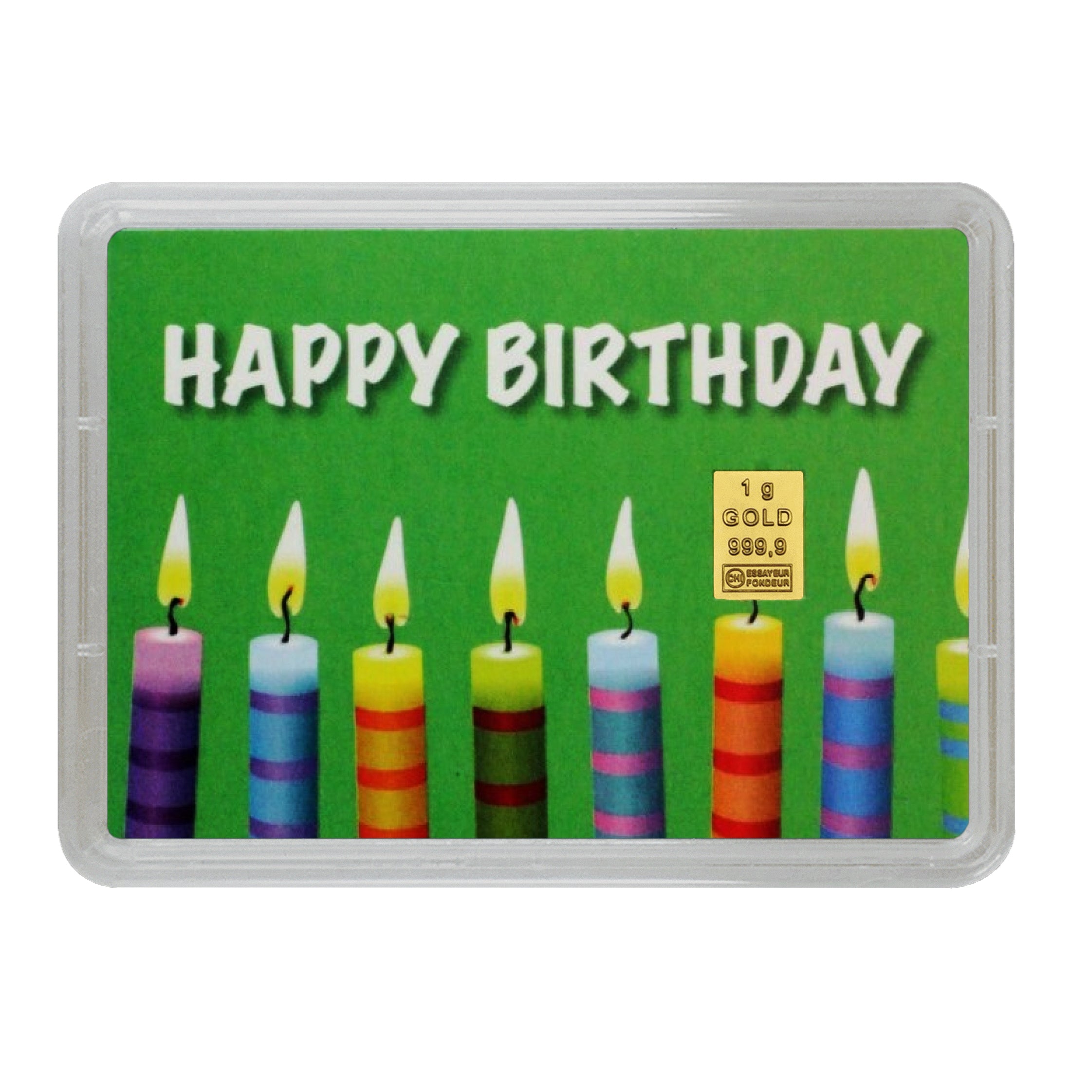 Goldbarren 1g in Geschenk-Motivbox "Happy Birthday" Kerzen