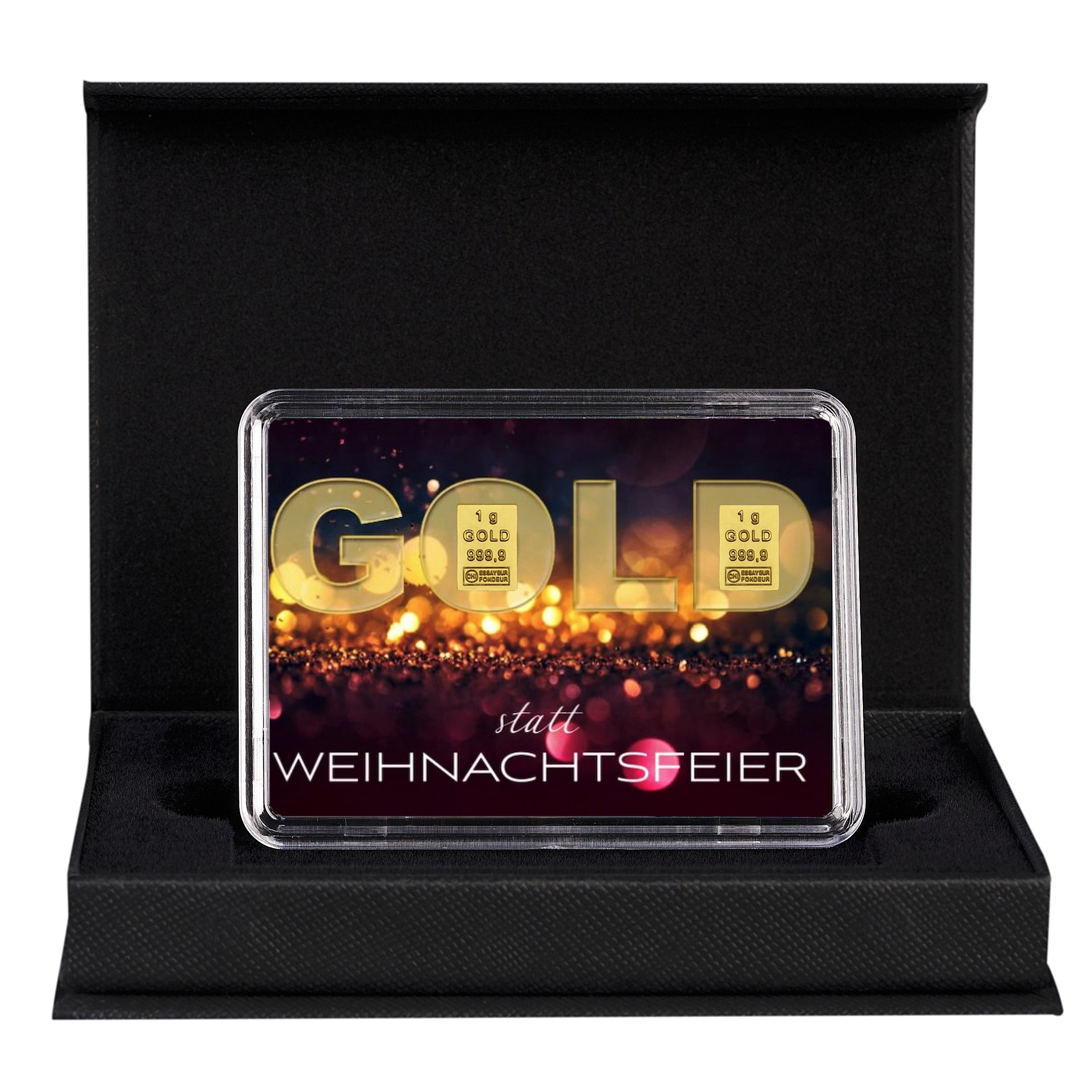2 Gramm Goldbarren im schwarzen Etui mit Motivbox "Gold statt Weihnachtsfeier"