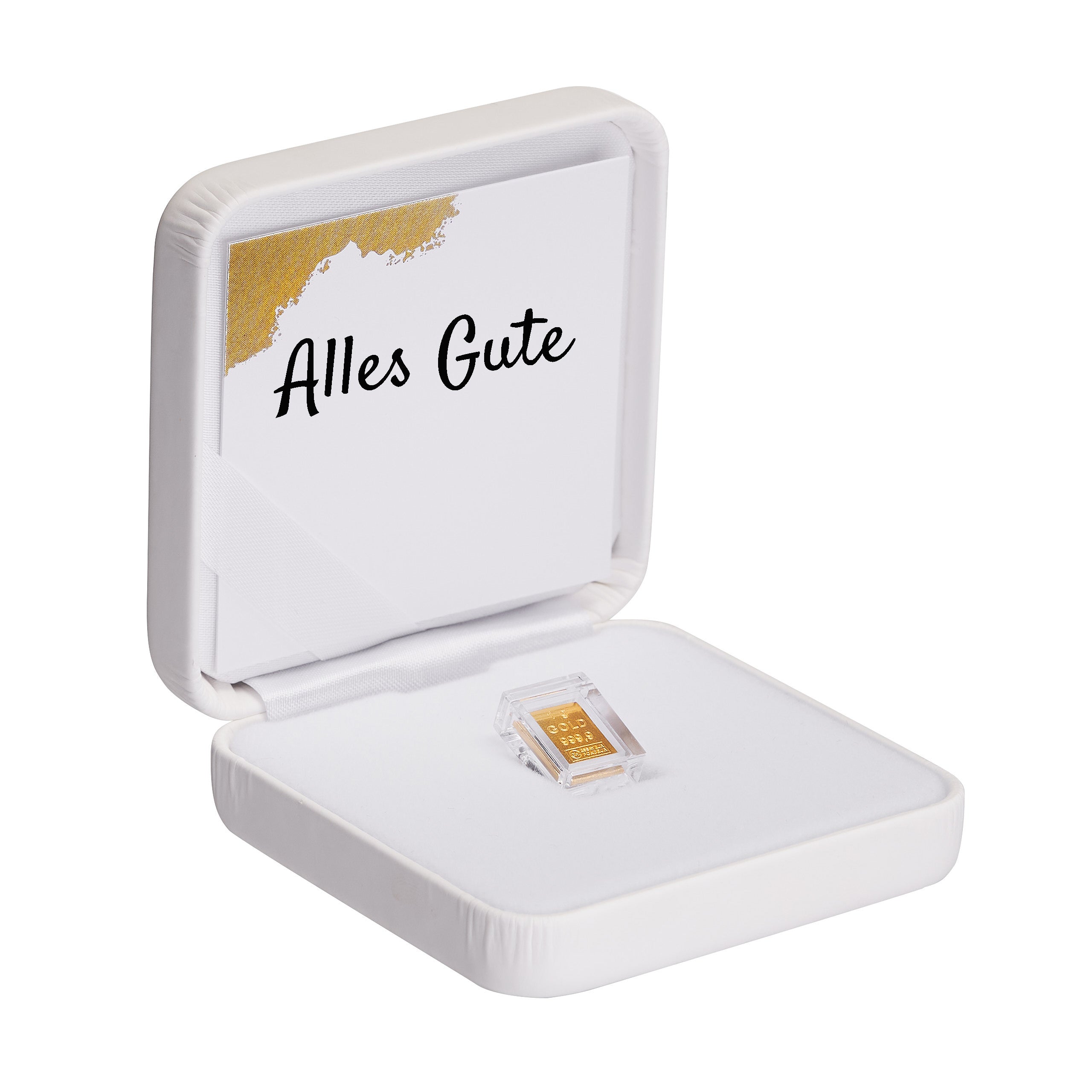 Goldbarren 1g in hochwertiger Kapsel inkl. Etui und Grußkarte nach Wahl (weiß)