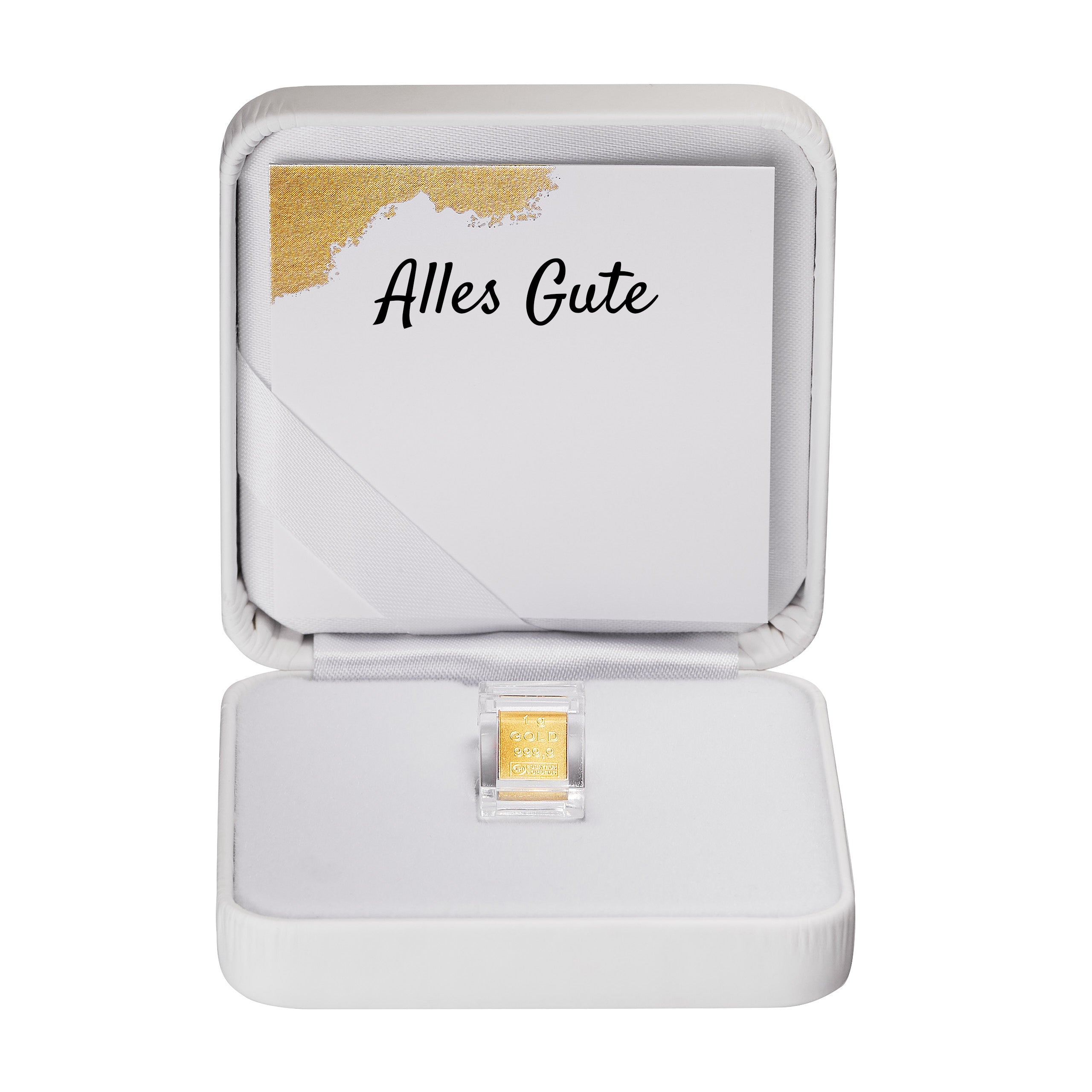 Goldbarren 1g in hochwertiger Kapsel inkl. Etui und Grußkarte nach Wahl (weiß)