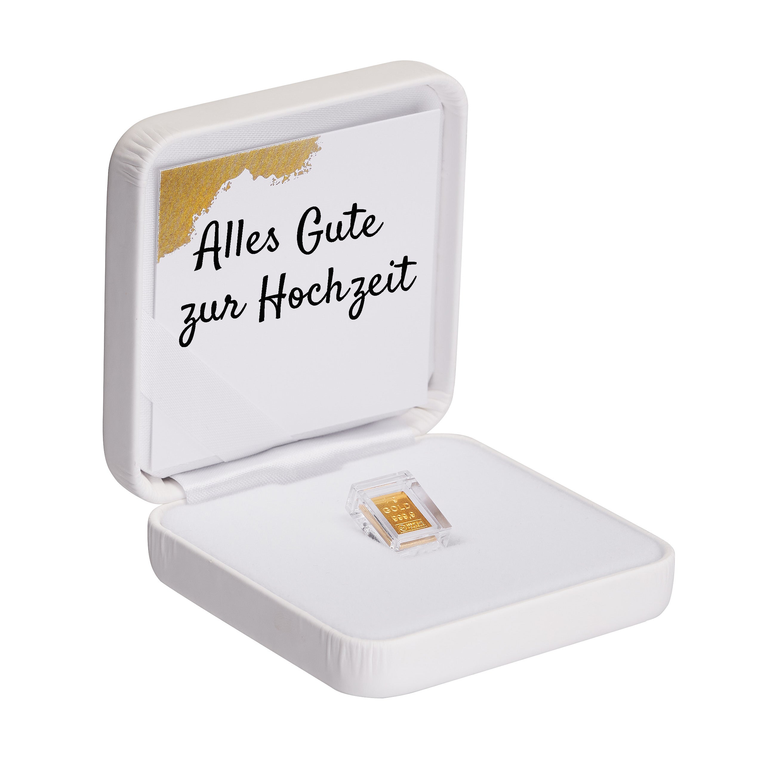 Goldbarren 1g in hochwertiger Kapsel inkl. Etui und Grußkarte nach Wahl (weiß)