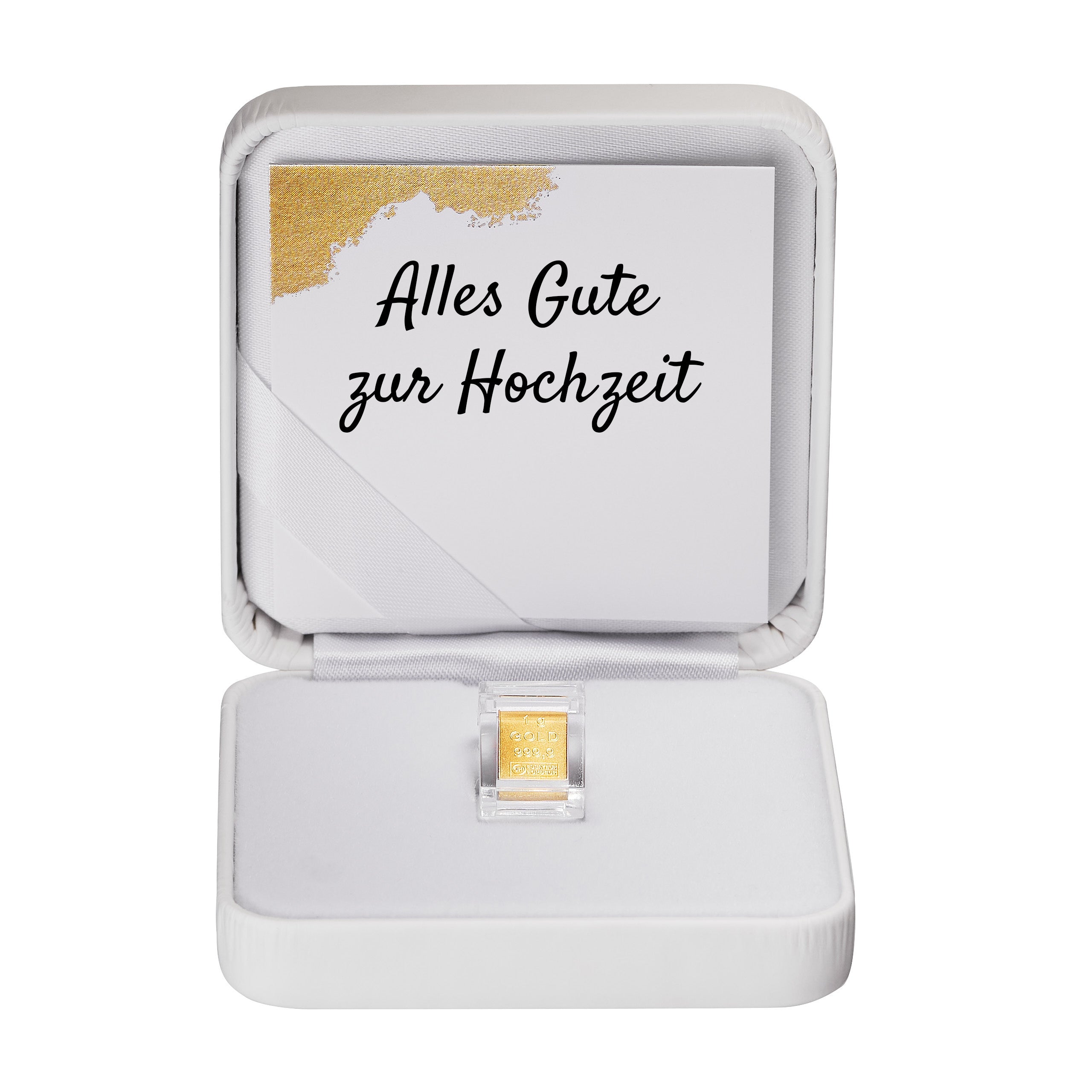 Goldbarren 1g in hochwertiger Kapsel inkl. Etui und Grußkarte nach Wahl (weiß)