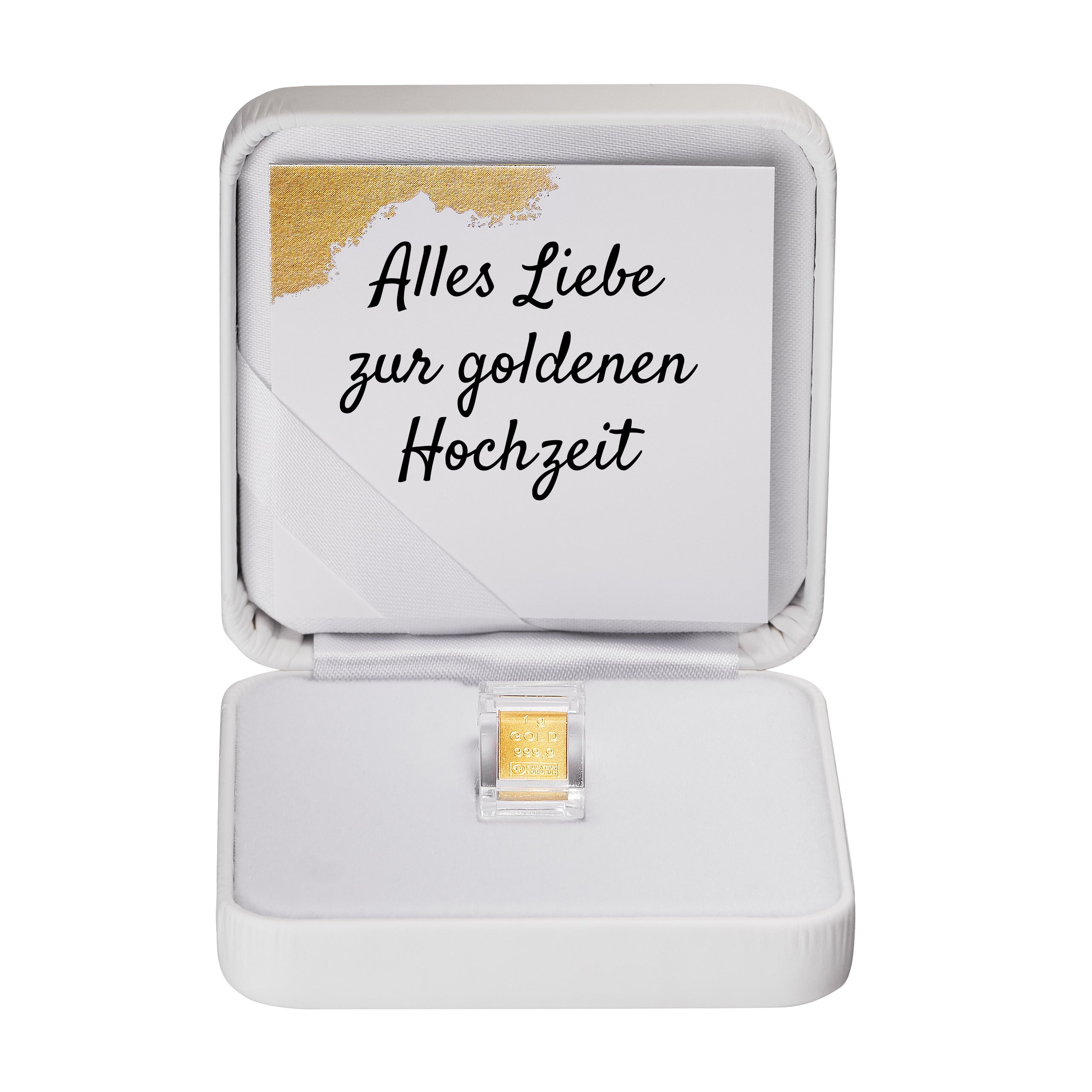 Goldbarren 1g in hochwertiger Kapsel inkl. Etui und Grußkarte nach Wahl (weiß)