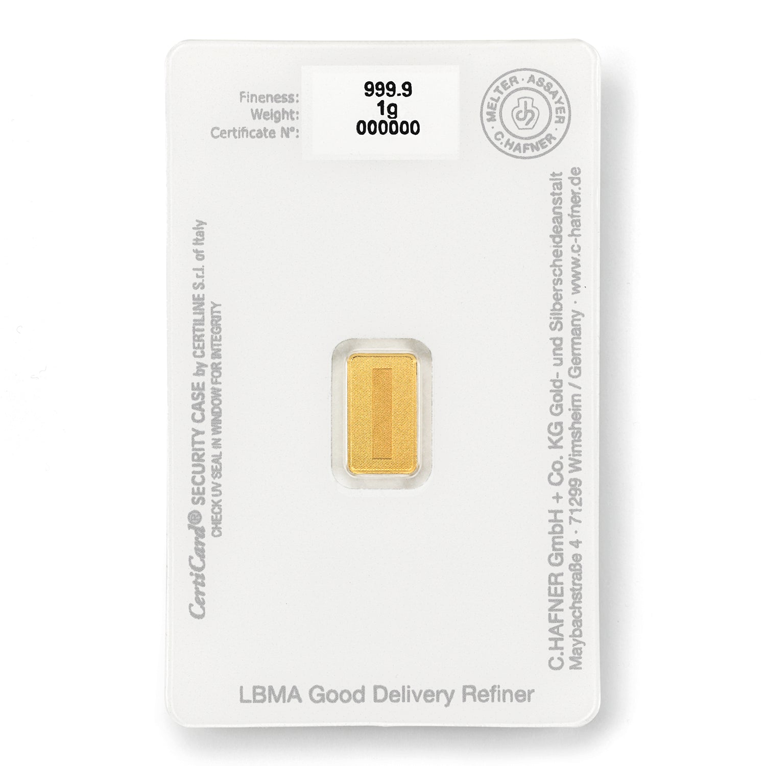 Rückseite Blisterverpackung eines Goldbarren von C.Hafner