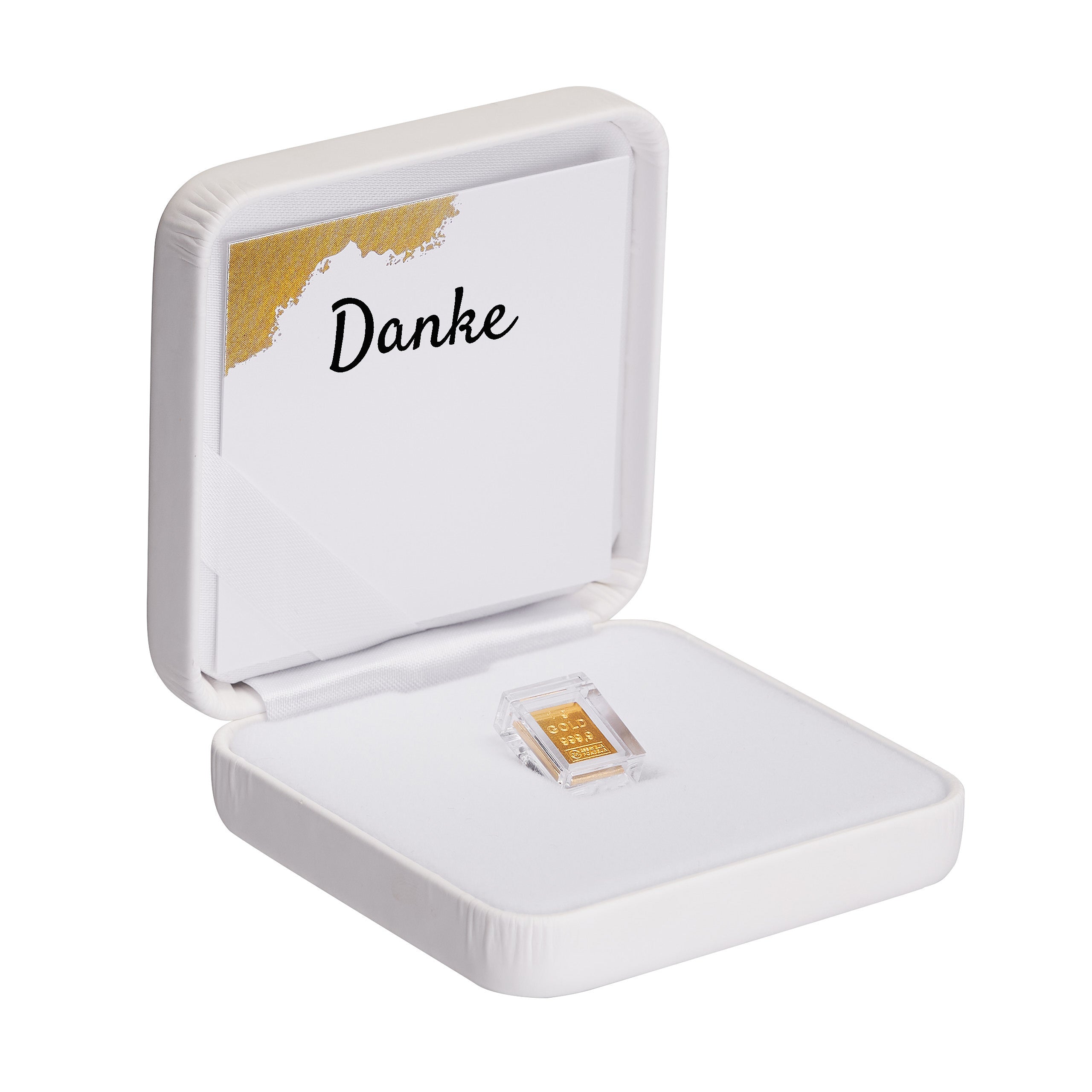 Goldbarren 1g in hochwertiger Kapsel inkl. Etui und Grußkarte nach Wahl (weiß)