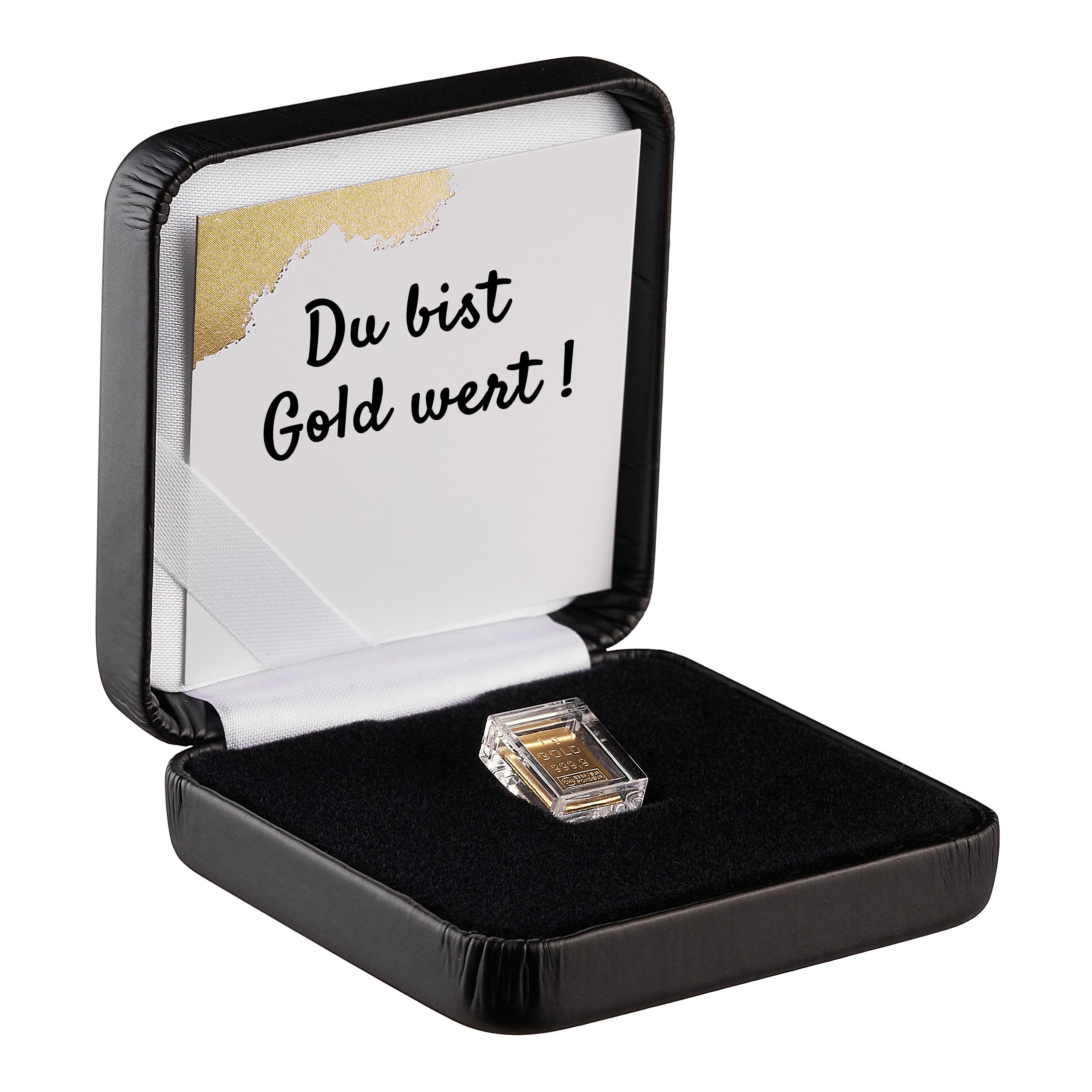 Goldbarren 1g in hochwertiger Kapsel inkl. Etui und Grußkarte nach Wahl (schwarz)