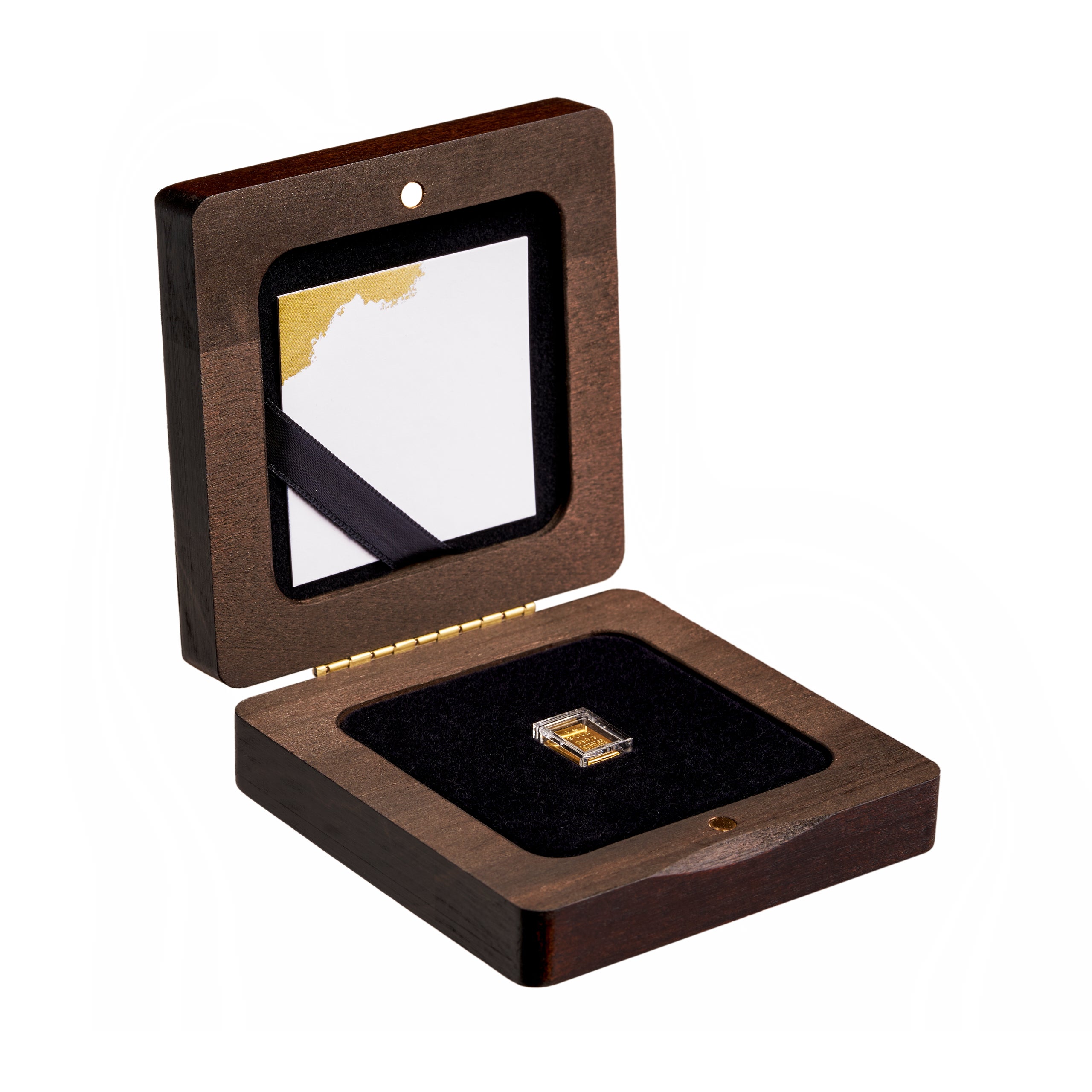 Holzetui mit 1 Gramm Goldbarren und Grußkarte