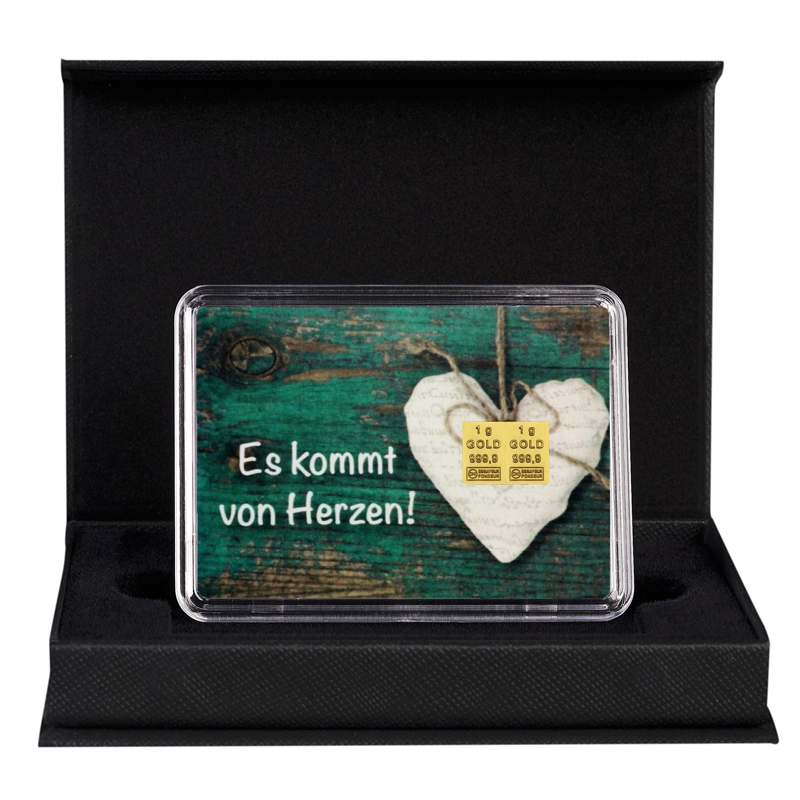 Geschenk Es kommt von Herzen 2 Gramm Goldbarren in schwarzer Geschenkbox