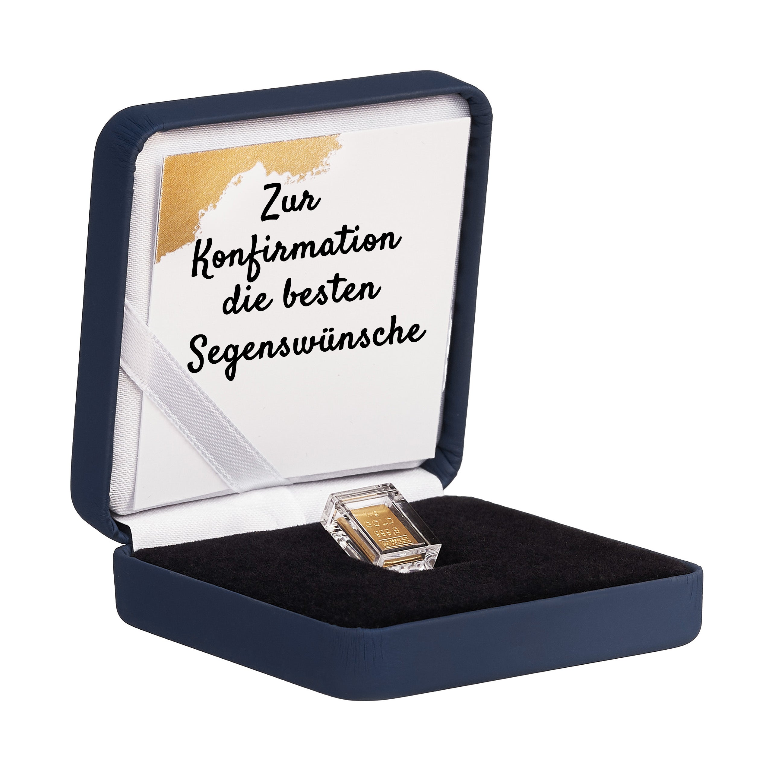 Goldbarren 1g in hochwertiger Kapsel inkl. Etui und Grußkarte nach Wahl (dunkelblau)