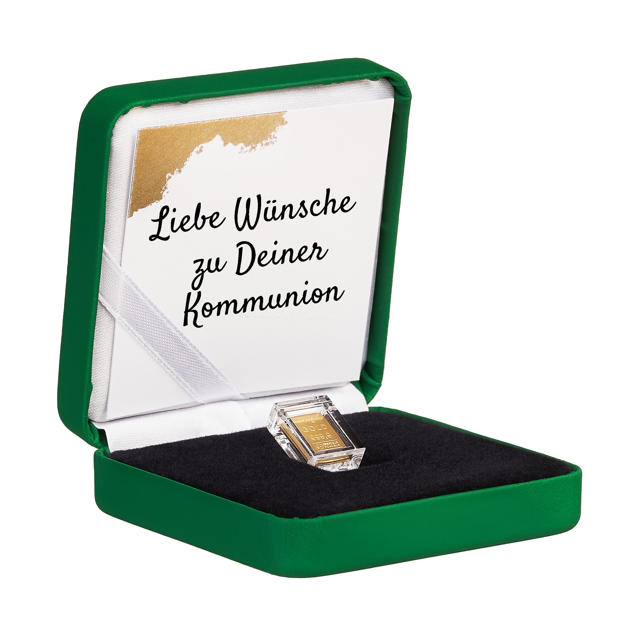 Goldbarren 1g in hochwertiger Kapsel inkl. Etui und Grußkarte nach Wahl (grün)