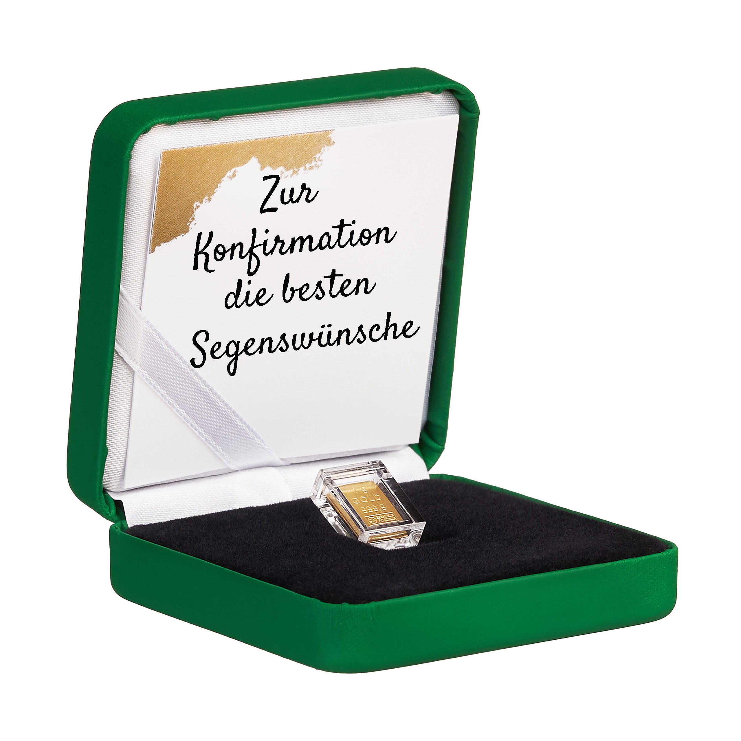 Goldbarren 1g in hochwertiger Kapsel inkl. Etui und Grußkarte nach Wahl (grün)