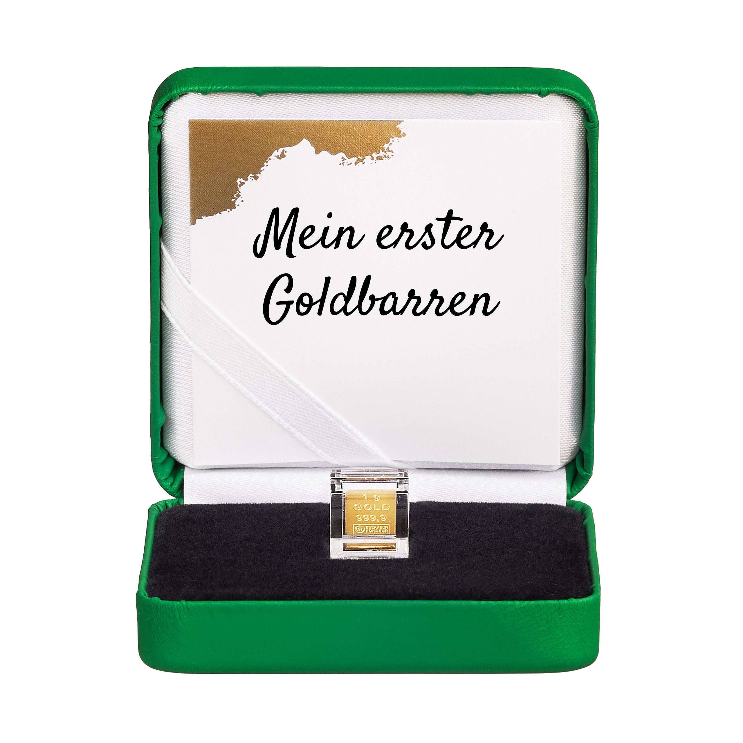 Goldbarren 1g in hochwertiger Kapsel inkl. Etui und Grußkarte nach Wahl (grün)