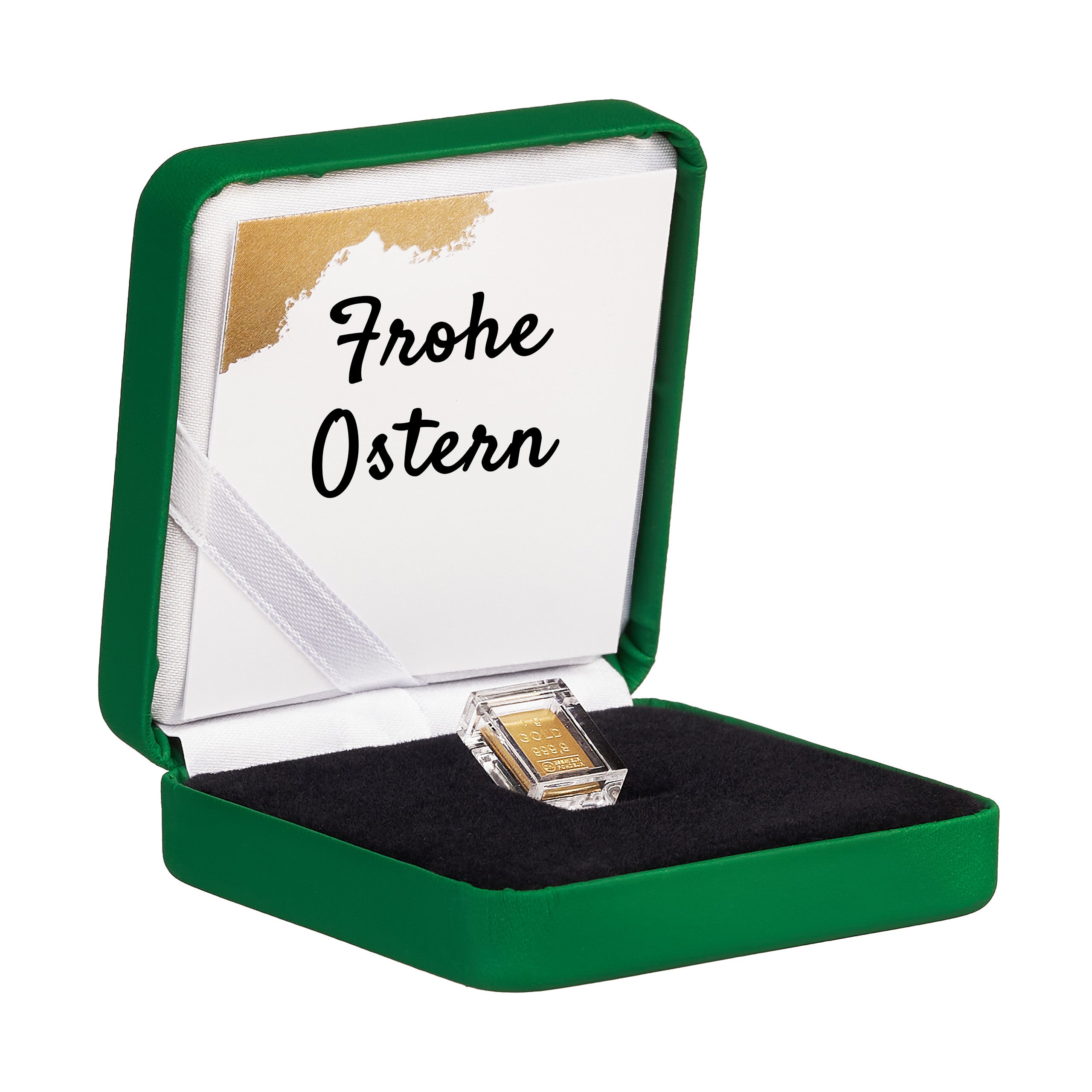 Goldbarren 1g in hochwertiger Kapsel inkl. Etui und Grußkarte nach Wahl (grün)