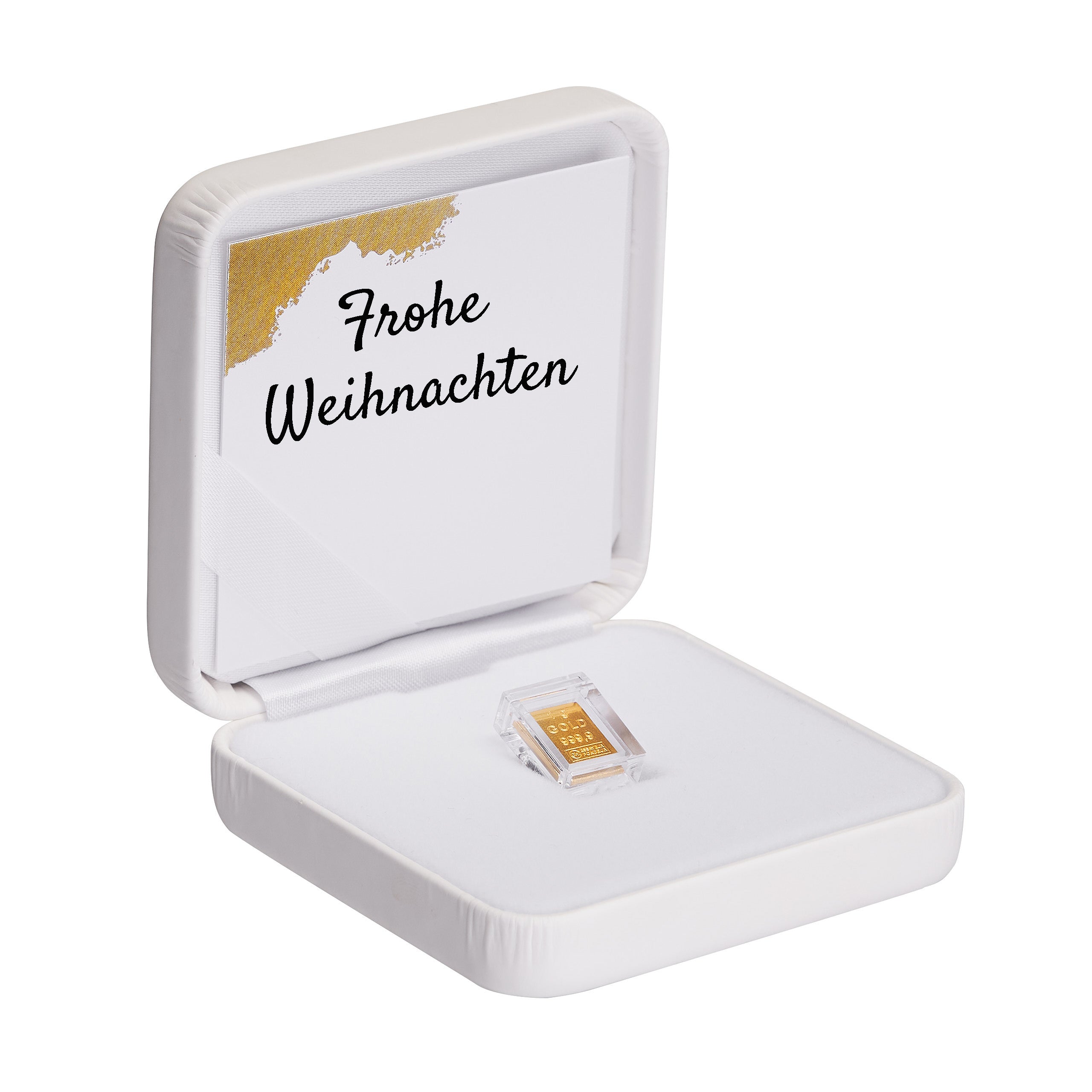 Goldbarren 1g in hochwertiger Kapsel inkl. Etui und Grußkarte nach Wahl (weiß)