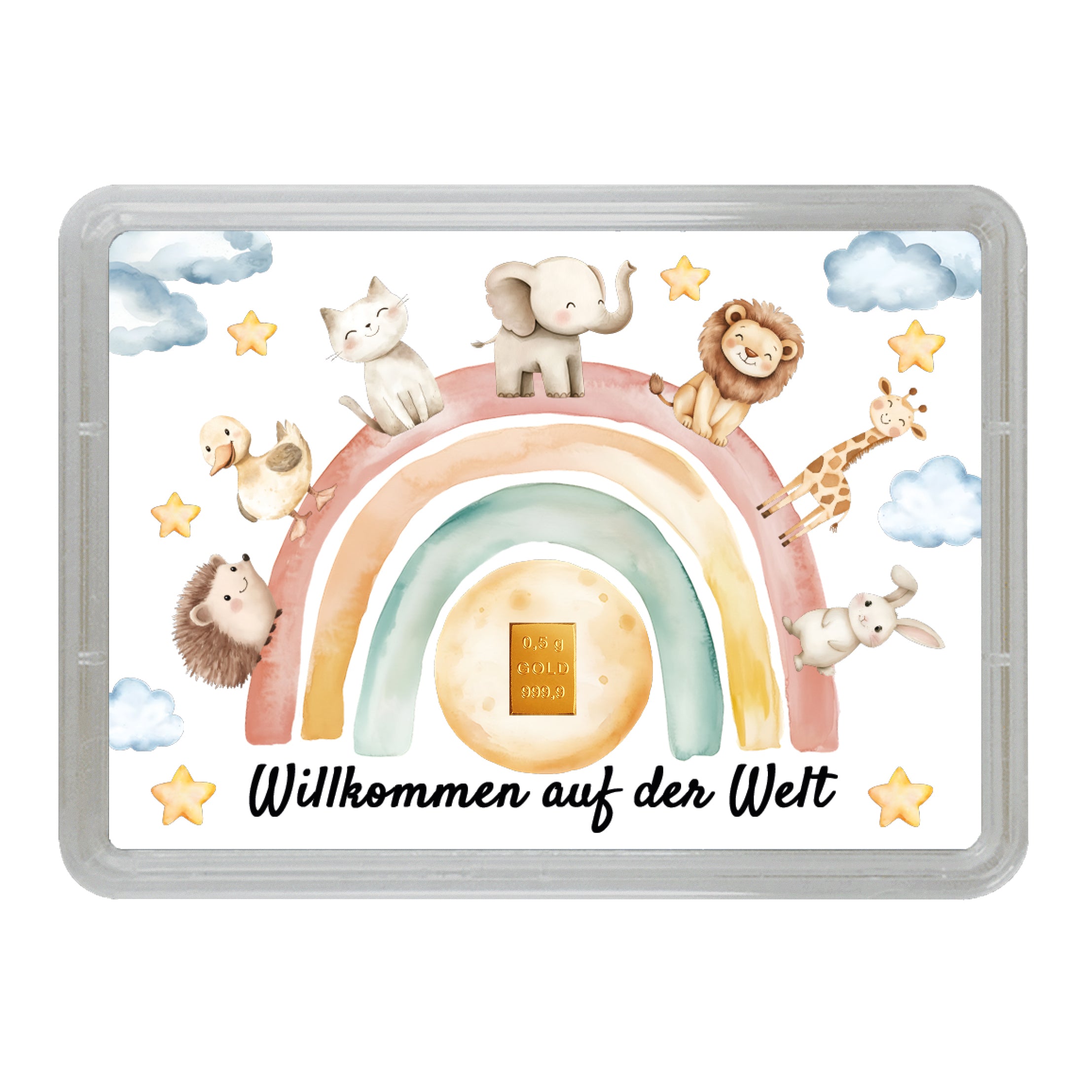 Motivbox „Willkommen auf der Welt“ mit 0,5 g Goldbarren – liebevolles Design mit Regenbogen und Tieren.