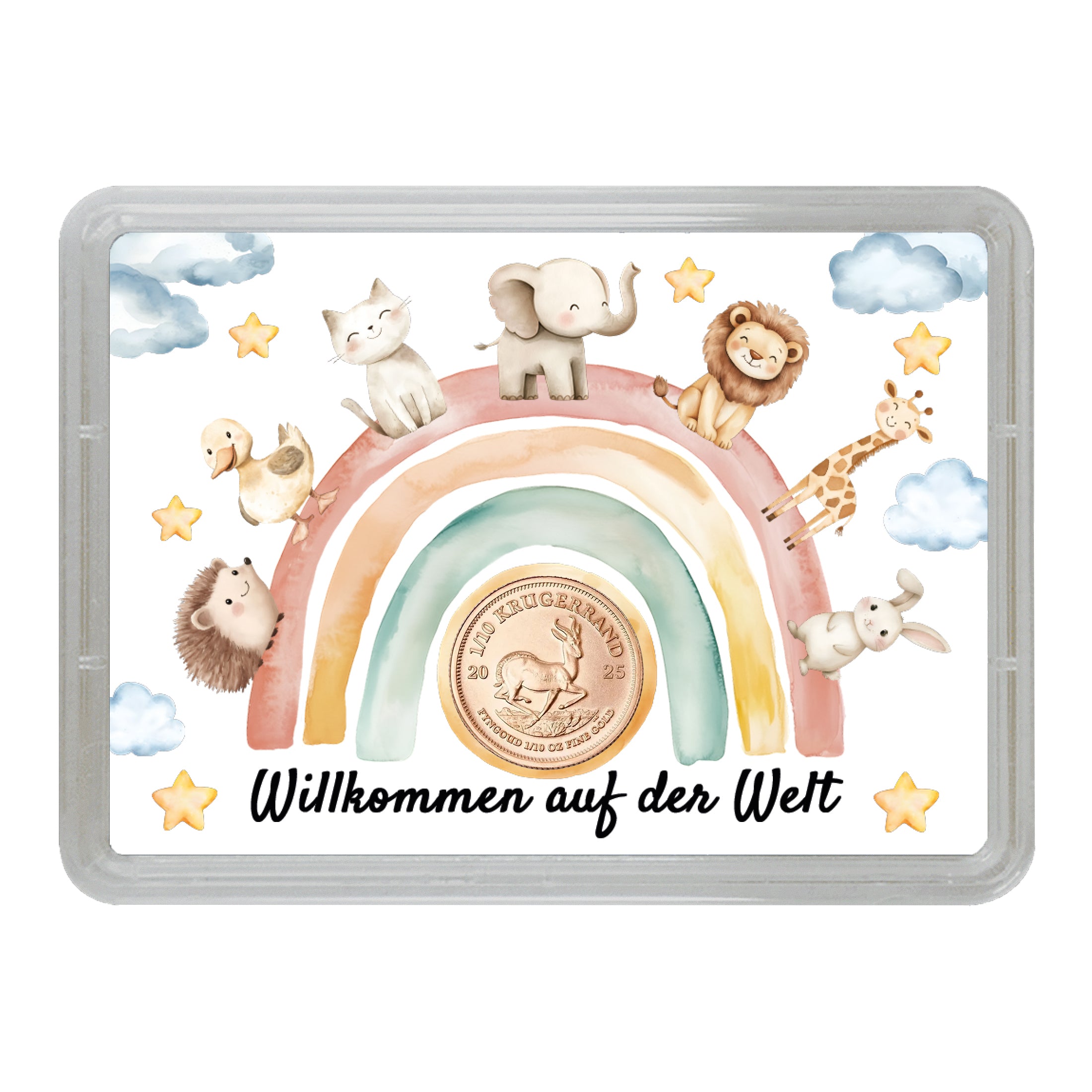 Motivbox „Willkommen auf der Welt“ mit 1/10 oz Krügerrand – hochwertiges Goldgeschenk für Neugeborene.