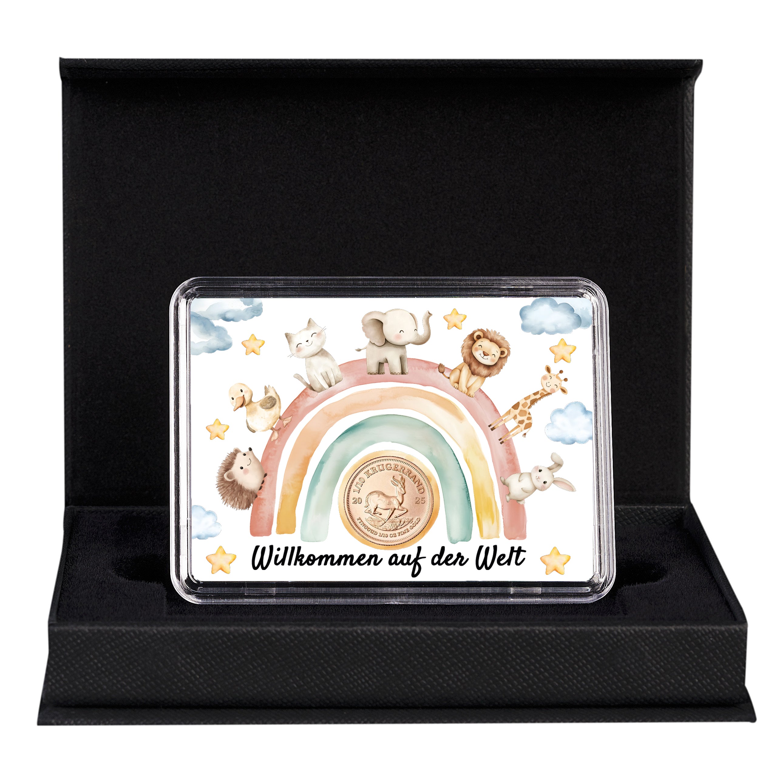 Hochwertiges Geburtsgeschenk – Motivbox „Willkommen auf der Welt“ mit 1/10 oz Krügerrand Goldmünze in eleganter Geschenkbox.