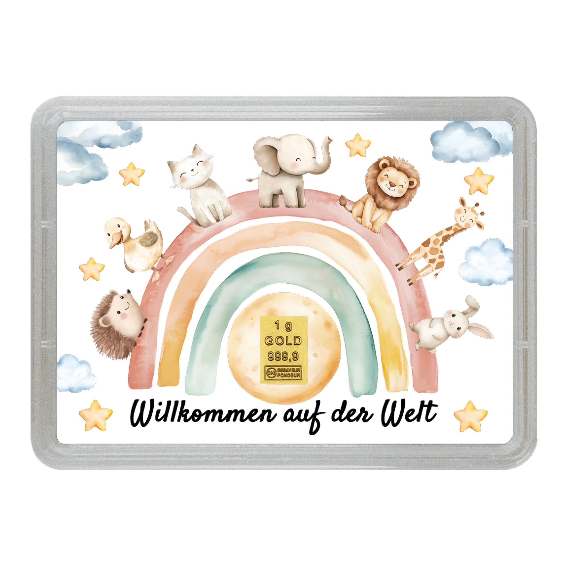 Motivbox „Willkommen auf der Welt“ mit 1 g Goldbarren – niedliches Tiermotiv, ideales Geschenk zur Geburt.
