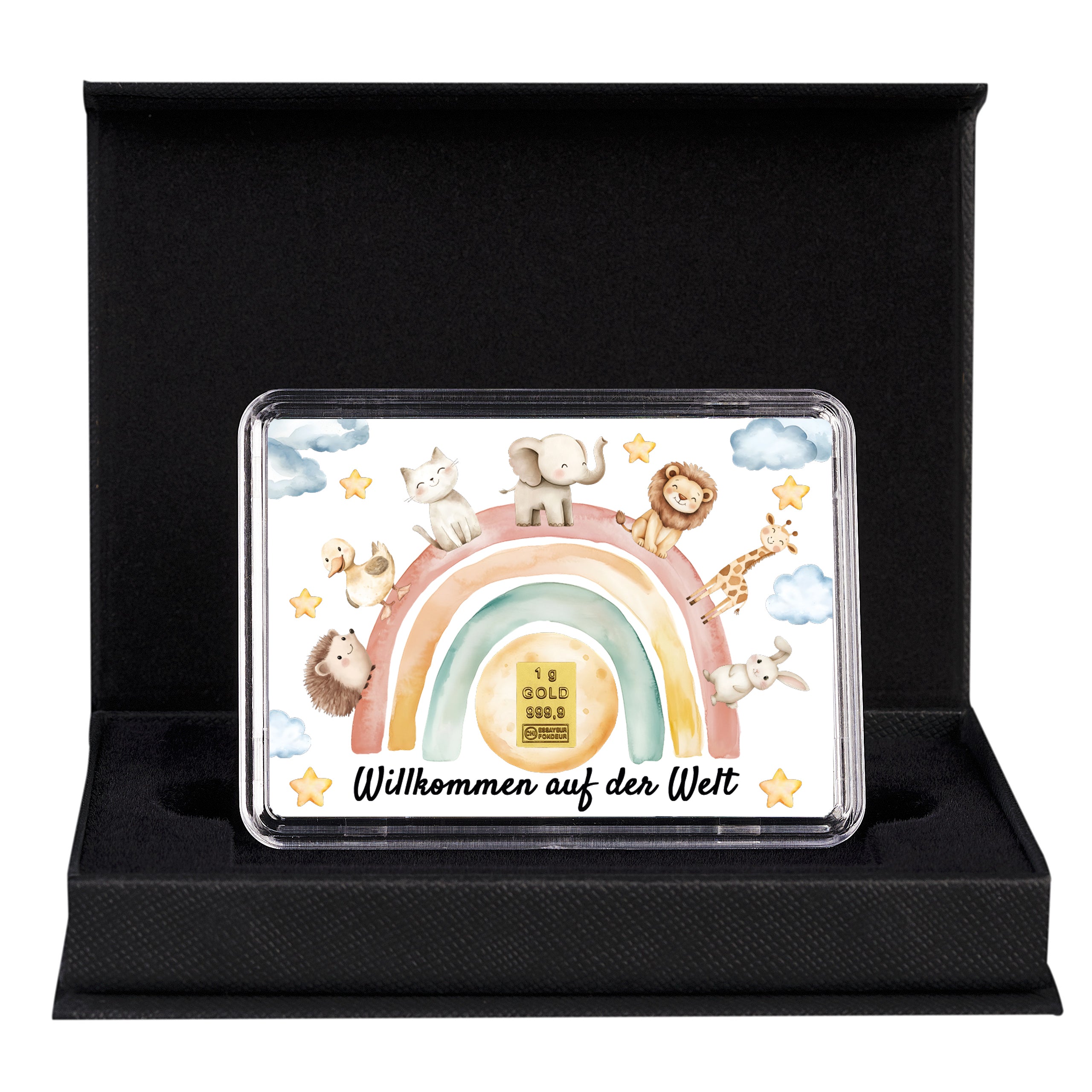 Edles Geburtsgeschenk mit 1g Goldbarren – Motivbox „Willkommen auf der Welt“ in schwarzer Geschenkbox mit goldener Schleife.
