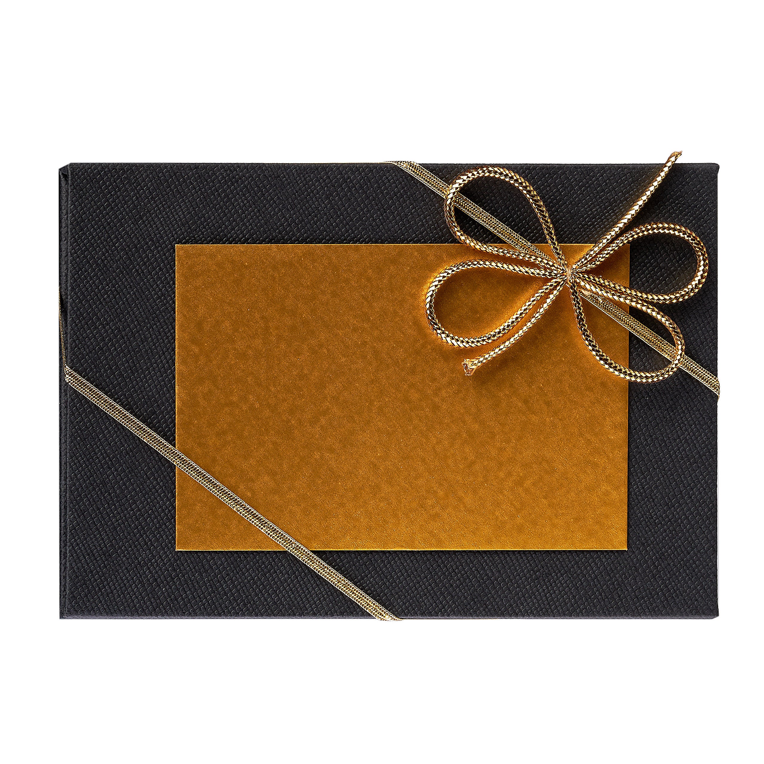 Geschenkbox schwarz für Goldgeschenke mit goldener Schleife und Grußkarte