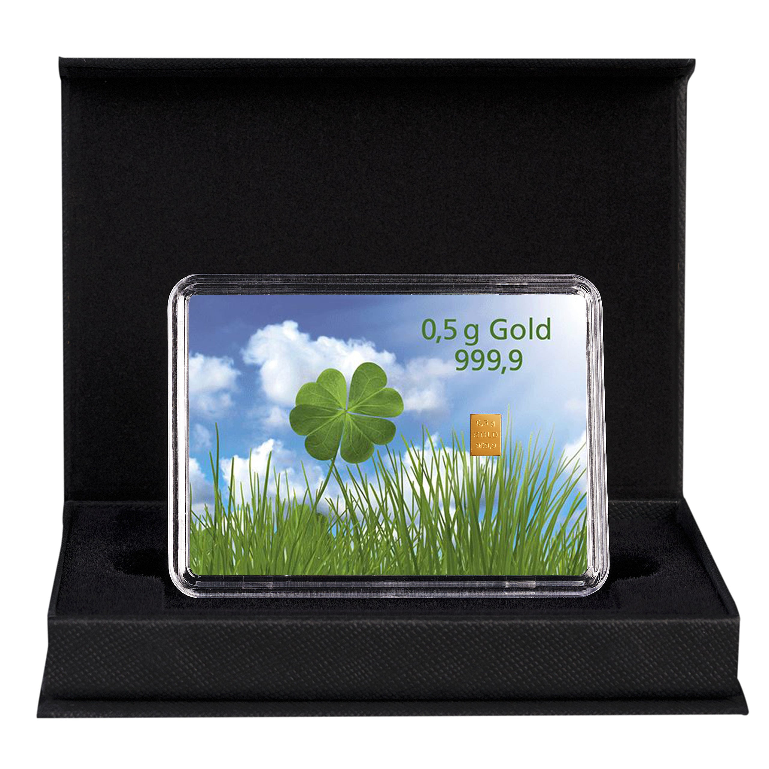 0,5g Goldbarren Viel Glück in Geschenkbox mit Kleeblatt-Motiv und Angabe des Feingoldgehalts 999,9
