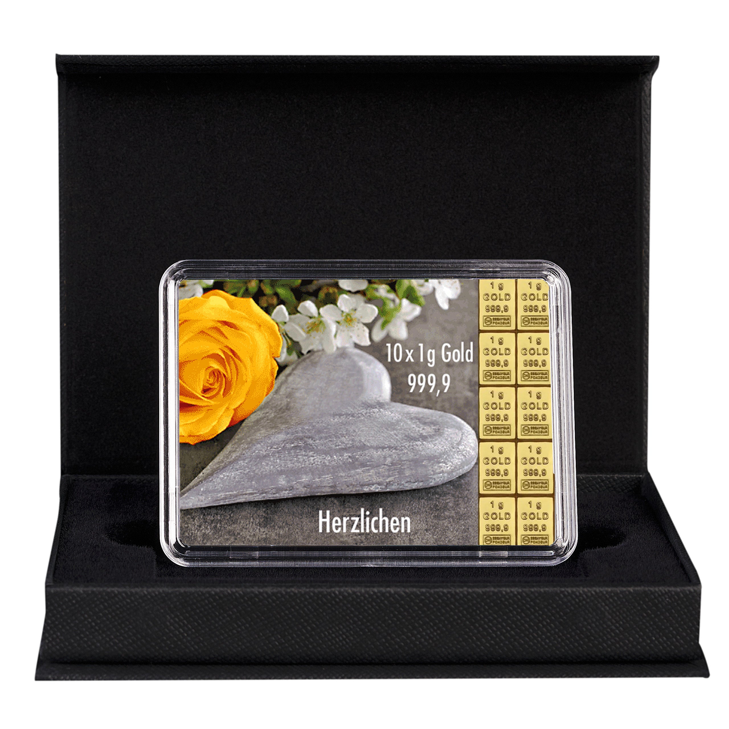 Goldbarren mit Flip-Motivbox "Herzlichen Glückwunsch zur Hochzeit" in schwarzer Geschenkbox