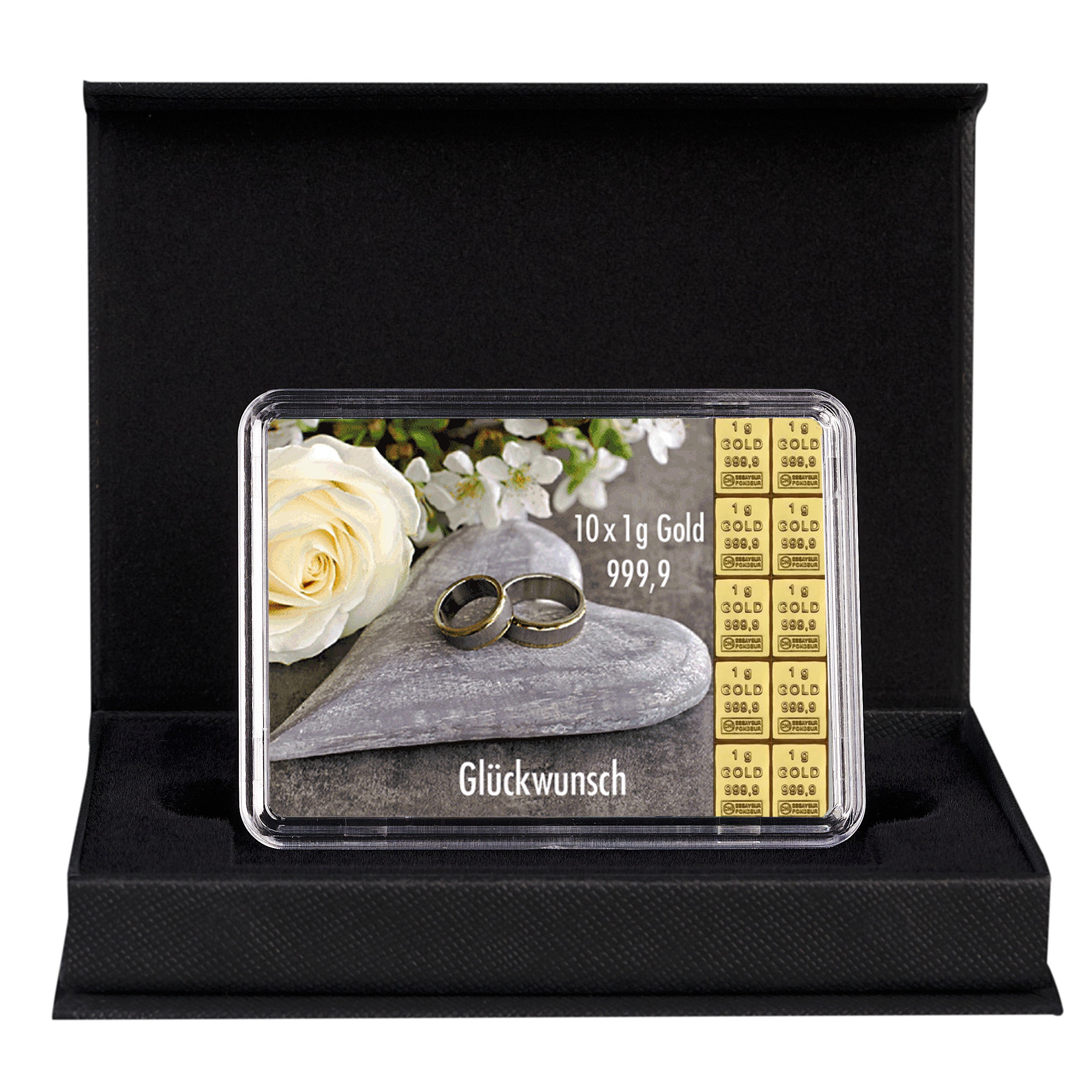 Goldbarren mit Flip-Motivbox "Herzlichen Glückwunsch zur Hochzeit" in schwarzer Geschenkbox
