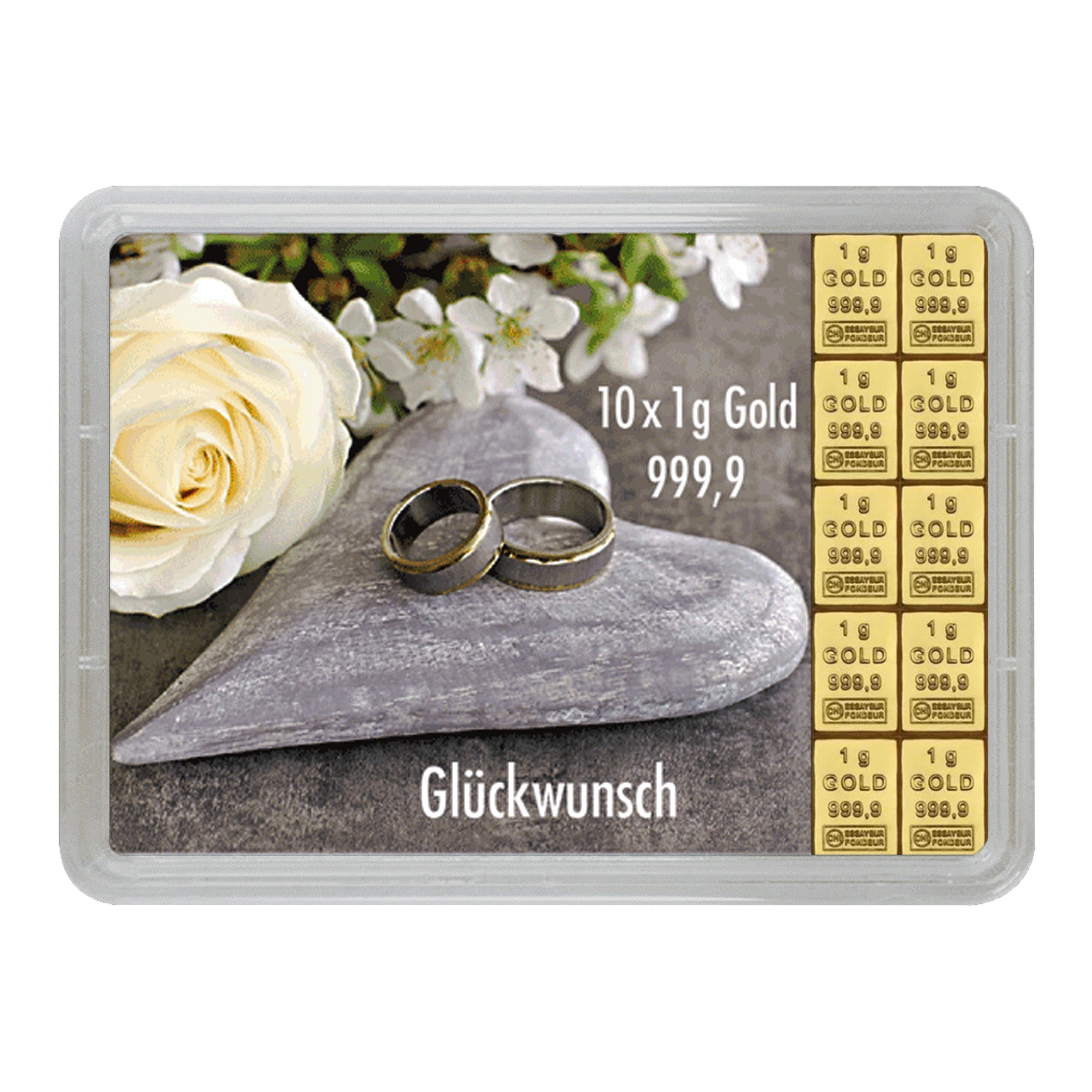 Goldbarren mit Flip-Motivbox "Herzlichen Glückwunsch zur Hochzeit"