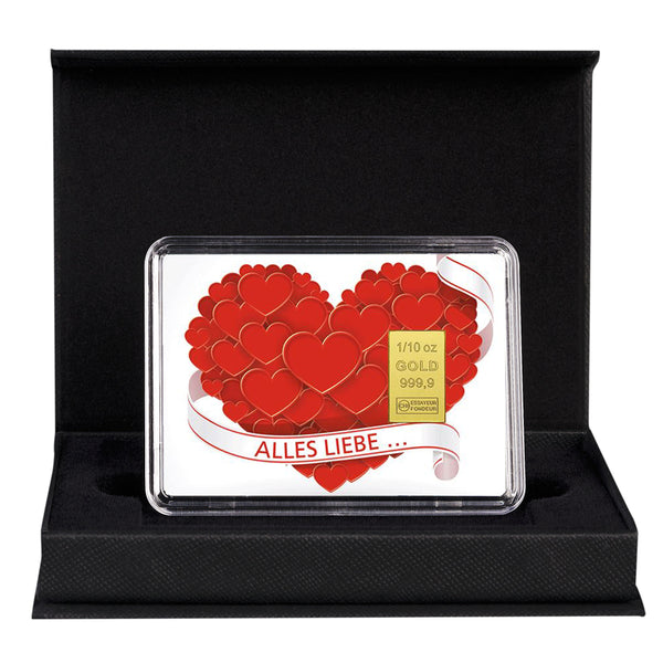 Goldbarren mit Flip-Motivbox "Alles Liebe" in schwarzer Geschenkbox