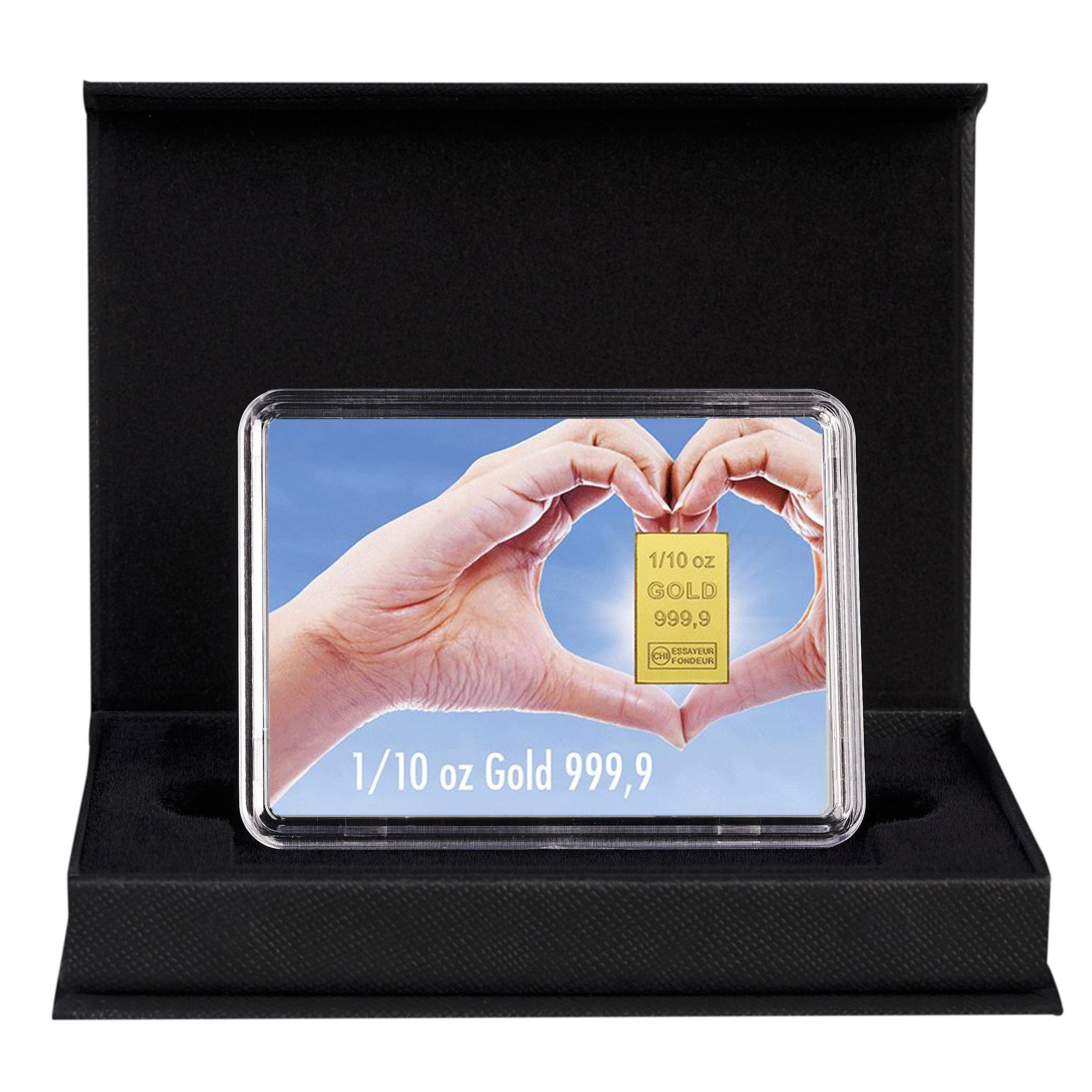 Goldbarren mit Flip-Motivbox "Für eine goldene Zukunft" in schwarzer Geschenkbox inkl. Grußkarte mit Wunschtext