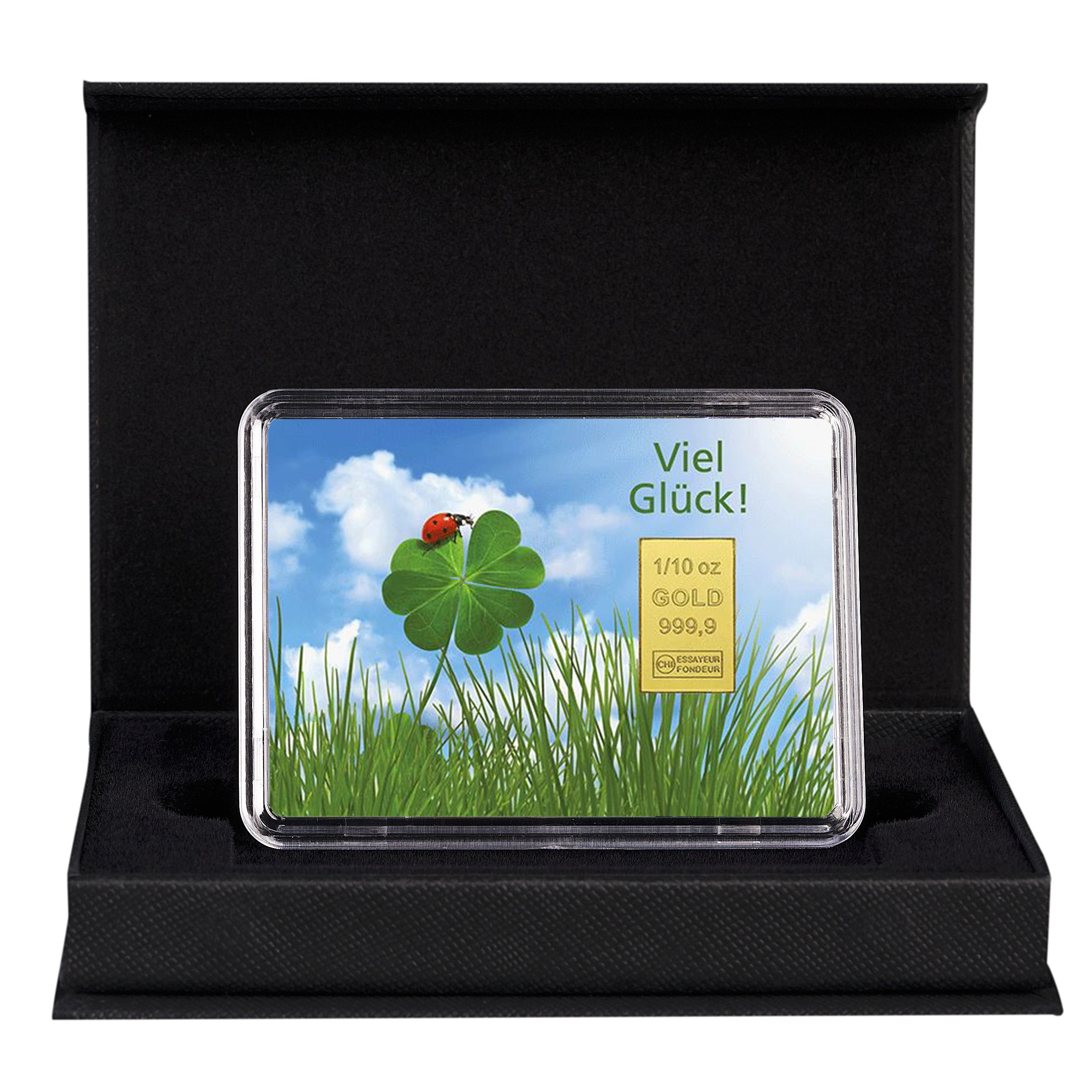 Viel Glück Goldbarren 1/10 oz mit Marienkäfer auf Kleeblatt-Motiv in eleganter Geschenkbox