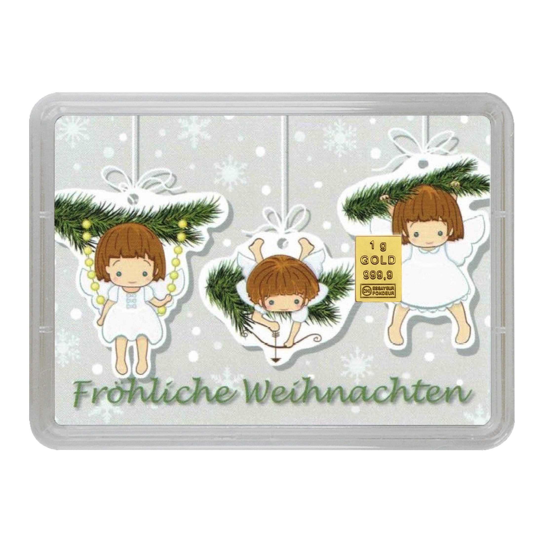 1g Goldbarren „Fröhliche Weihnachten“ mit Engelmotiv auf winterlicher Karte – festliches Goldgeschenk zu Weihnachten.