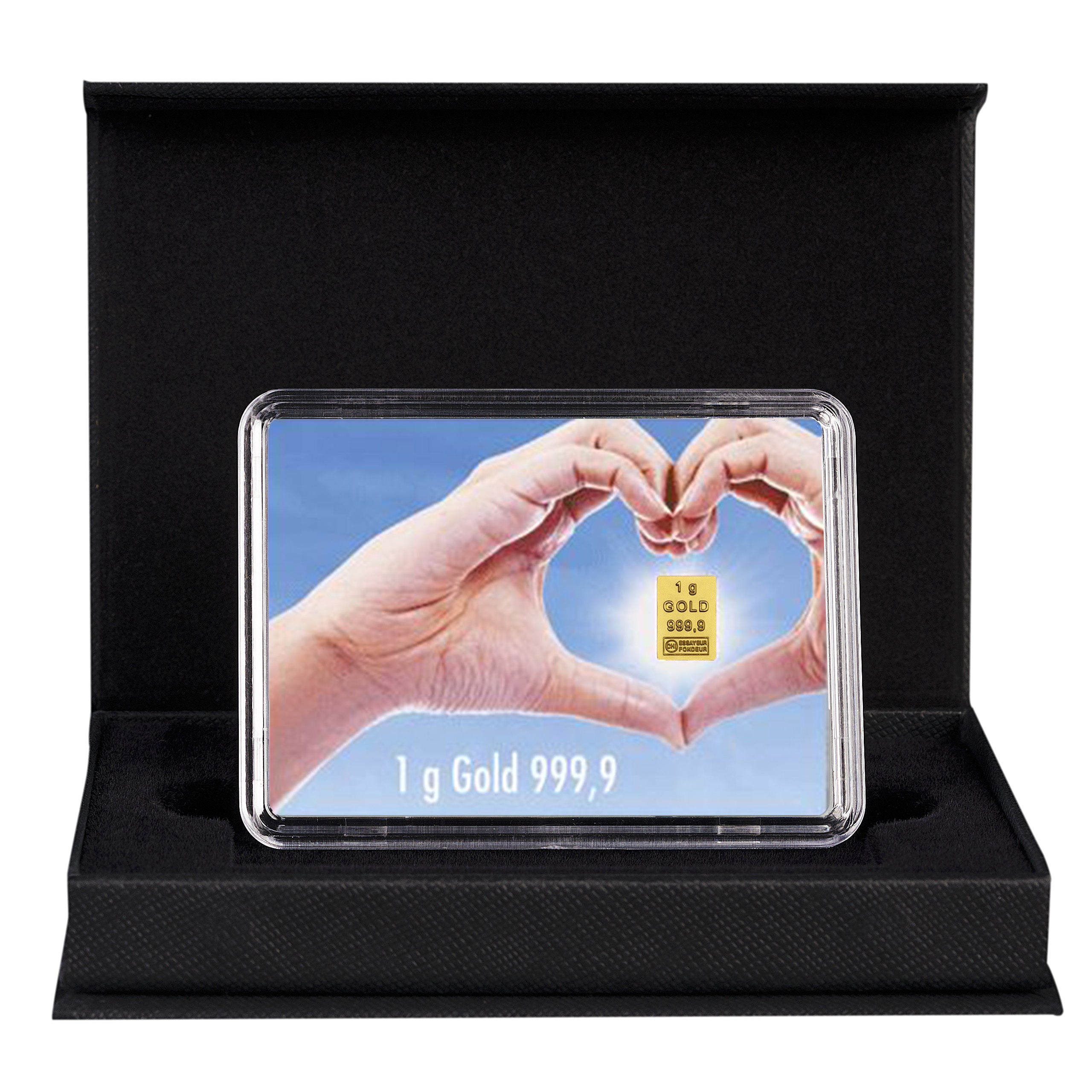 Goldbarren mit Flip-Motivbox "Für eine goldene Zukunft" in schwarzer Geschenkbox inkl. Grußkarte mit Wunschtext