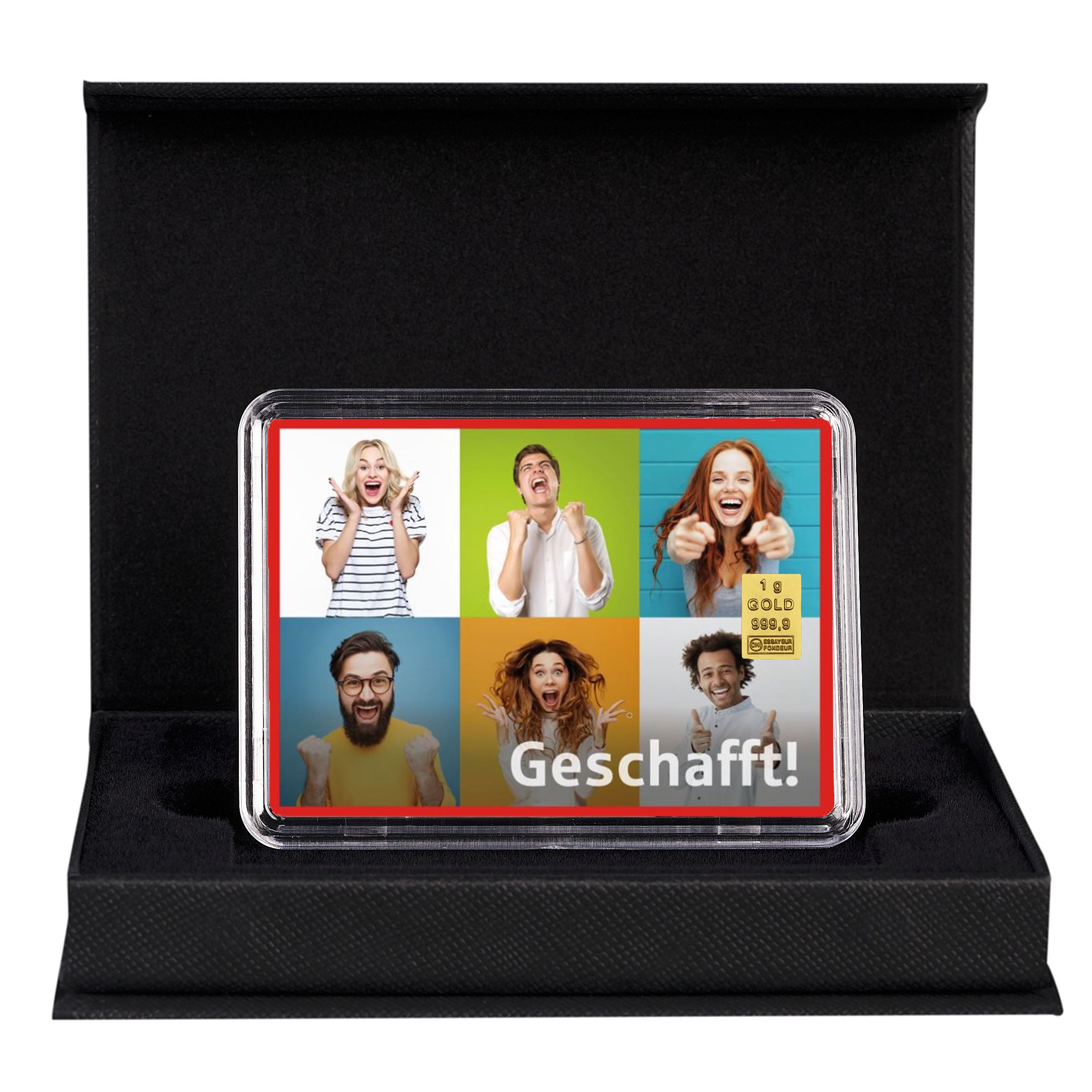 Goldbarren Motivbox "Geschafft! - Jubel" in schwarzer Geschenkbox