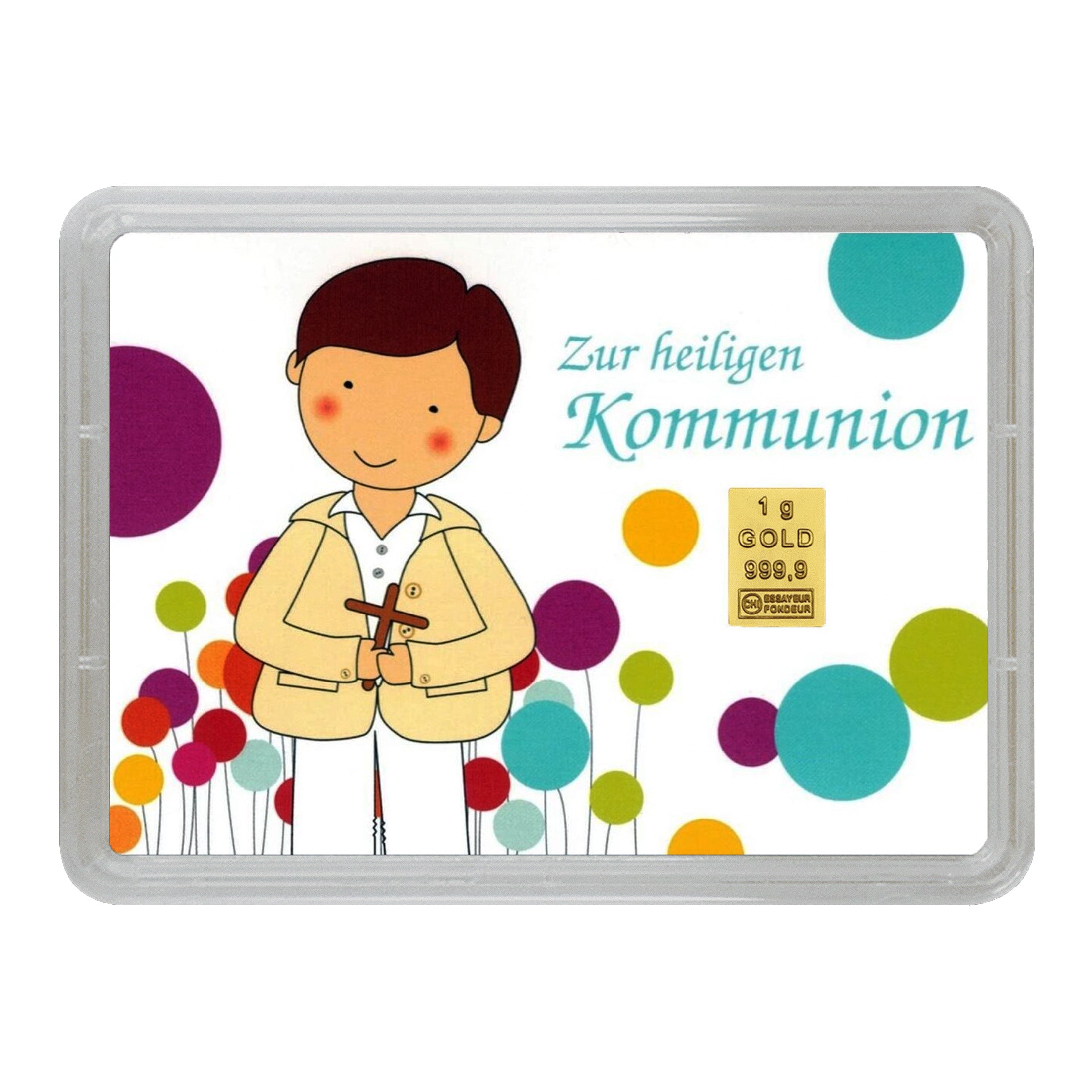 Goldbarren 1g in Geschenk-Motivbox "Zur heiligen Kommunion Junge"