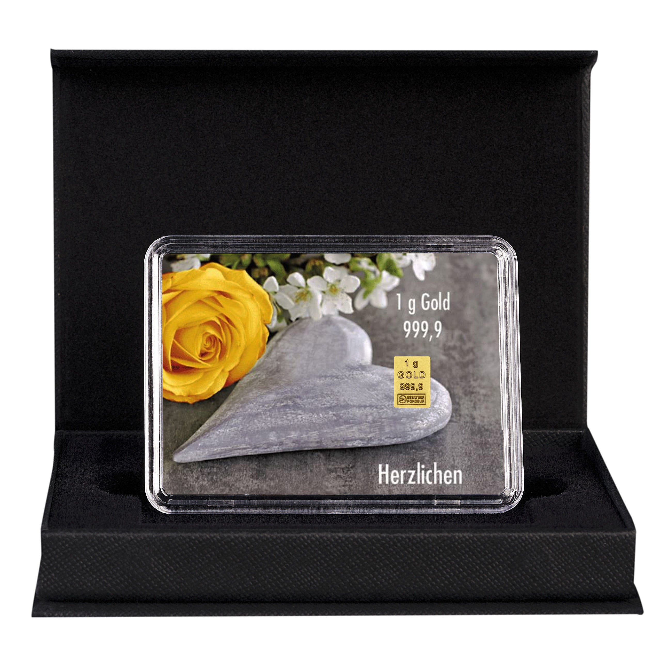 Goldbarren mit Flip-Motivbox "Herzlichen Glückwunsch zur Hochzeit" in schwarzer Geschenkbox