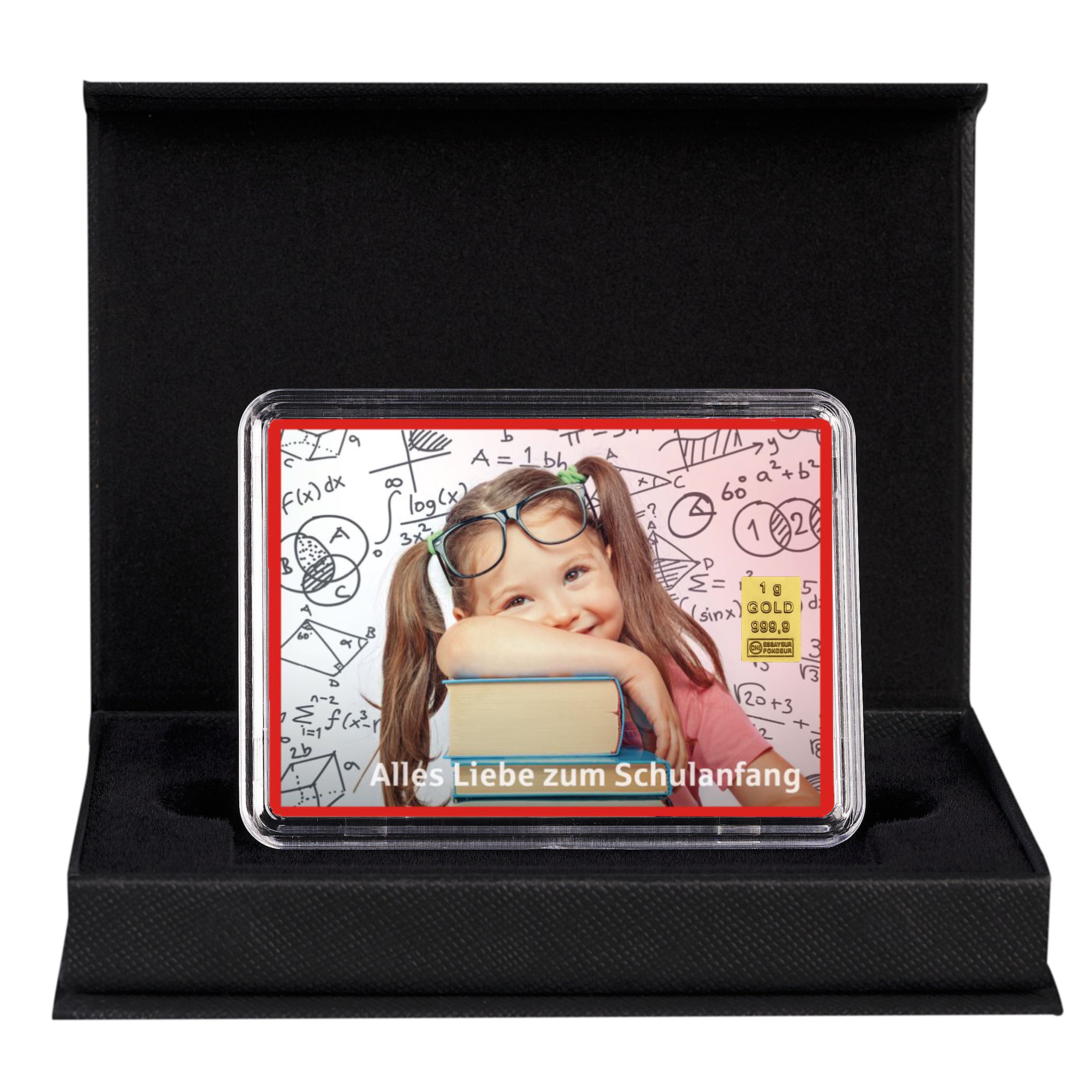 Goldbarren zur Einschulung – Motiv mit Mädchen und Buch in Geschenkbox, 1g Feingold, ideal als Geschenk zum Schulanfang #Gewicht_1g Gold
