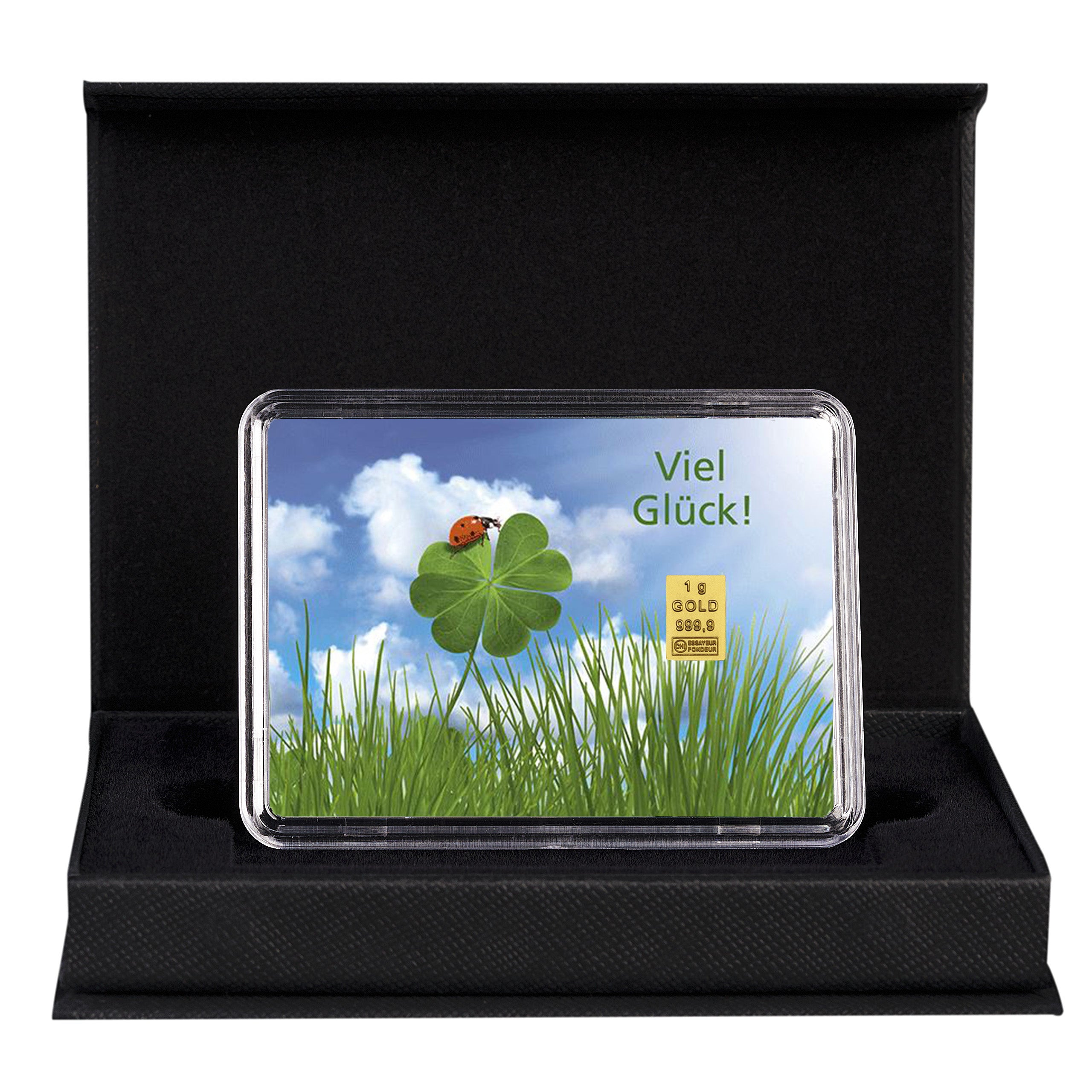 1g Goldbarren Viel Glück mit Marienkäfer und Kleeblatt in hochwertiger Geschenkbox