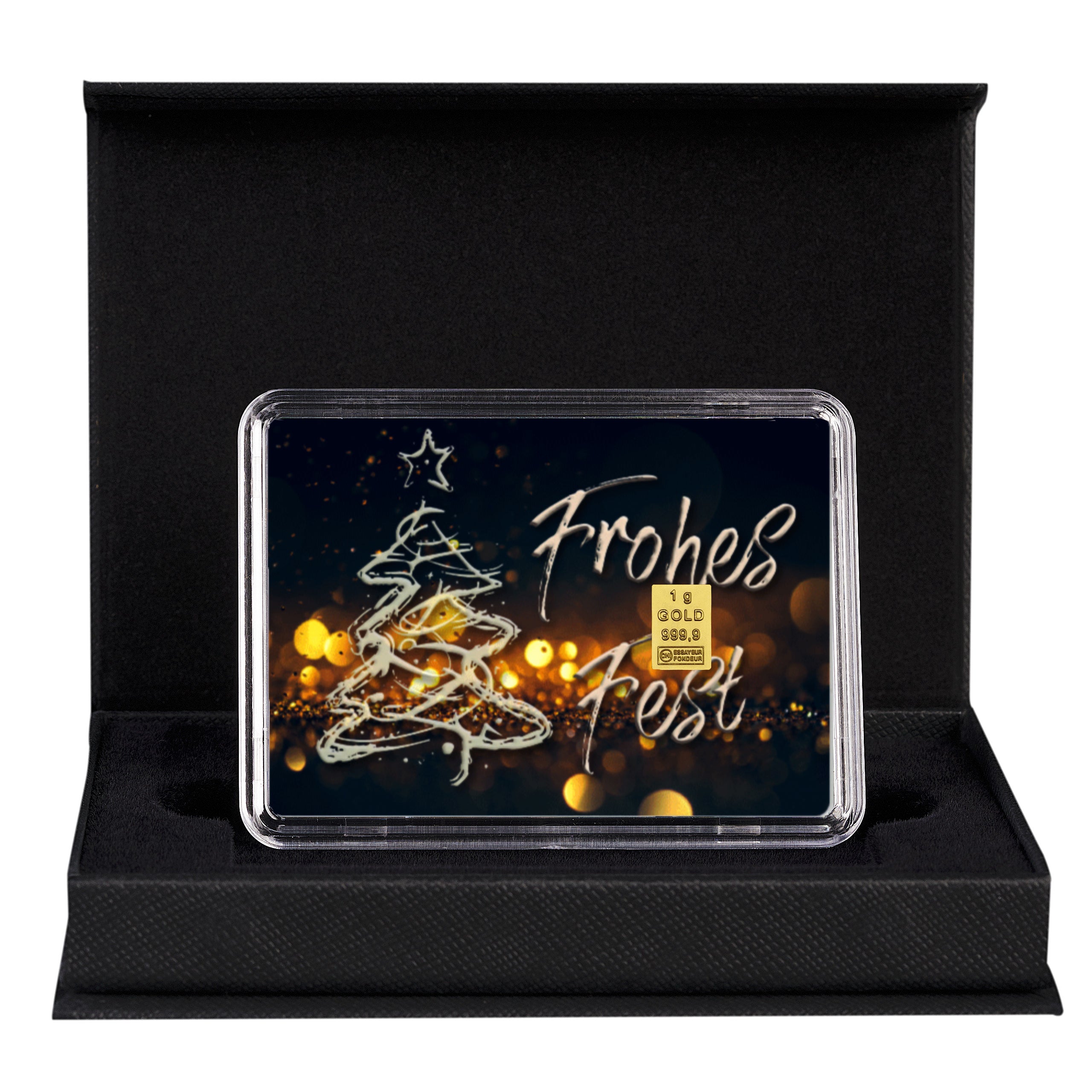 Goldbarren mit Flip-Motivbox Weihnachten "Frohes Fest" in schwarzer Geschenkbox inkl. Grußkarte mit Wunschtext