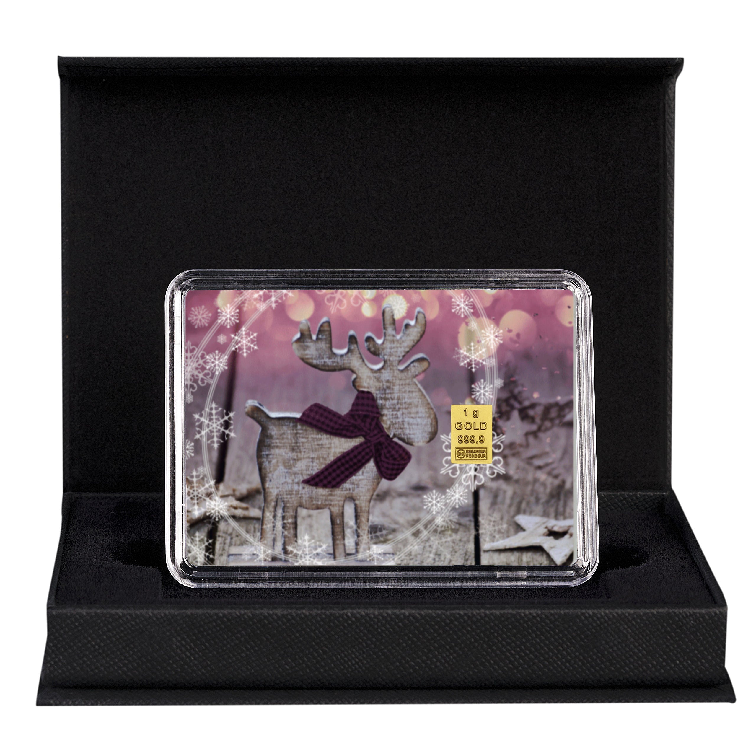 Goldbarren mit Flip-Motivbox Weihnachten "Frohes Fest" in schwarzer Geschenkbox inkl. Grußkarte mit Wunschtext