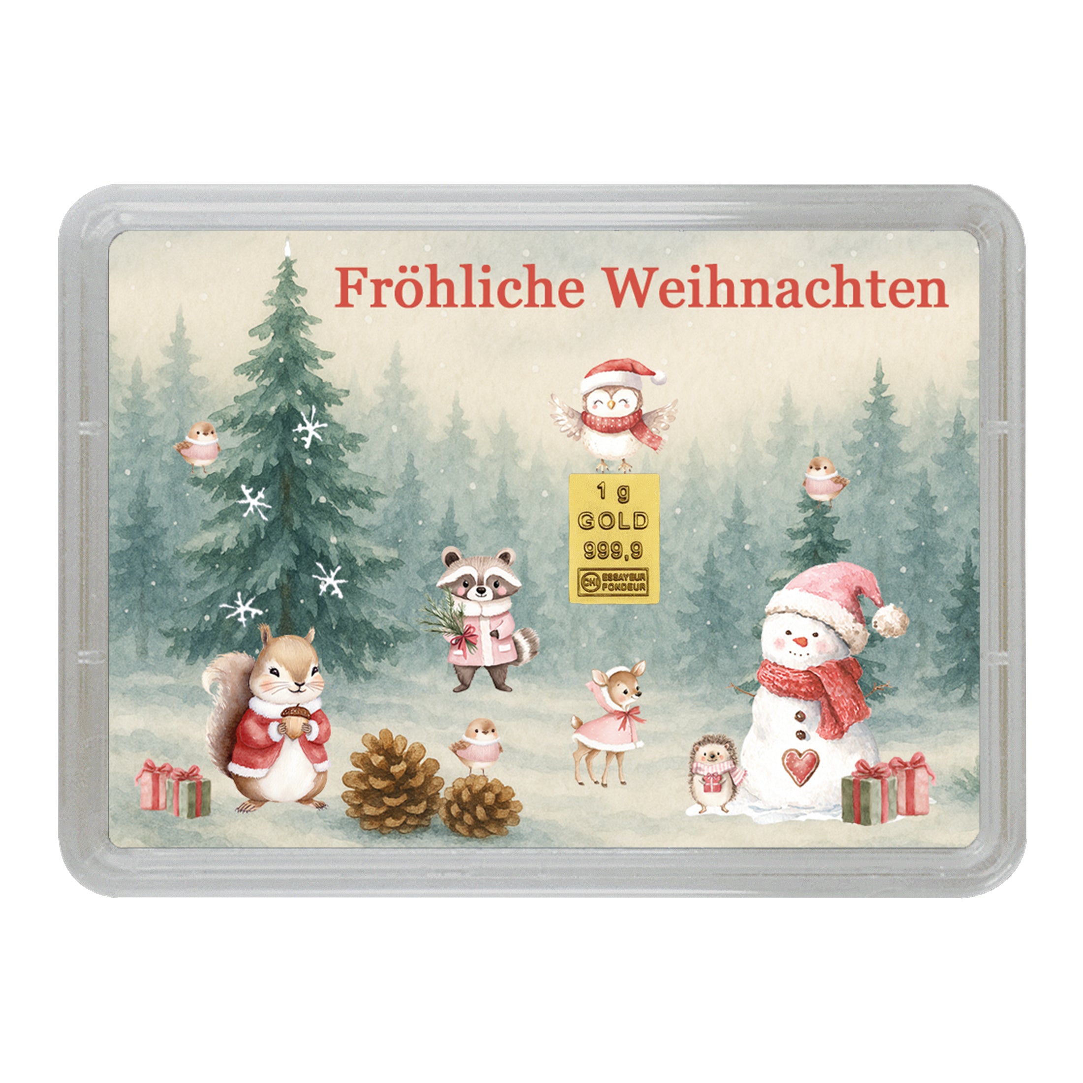 Edles Weihnachtsgeschenk – Motivbox ‚Fröhliche Weihnachten‘ mit 1 g Feingoldbarren im goldmetallic Geschenkbeutel