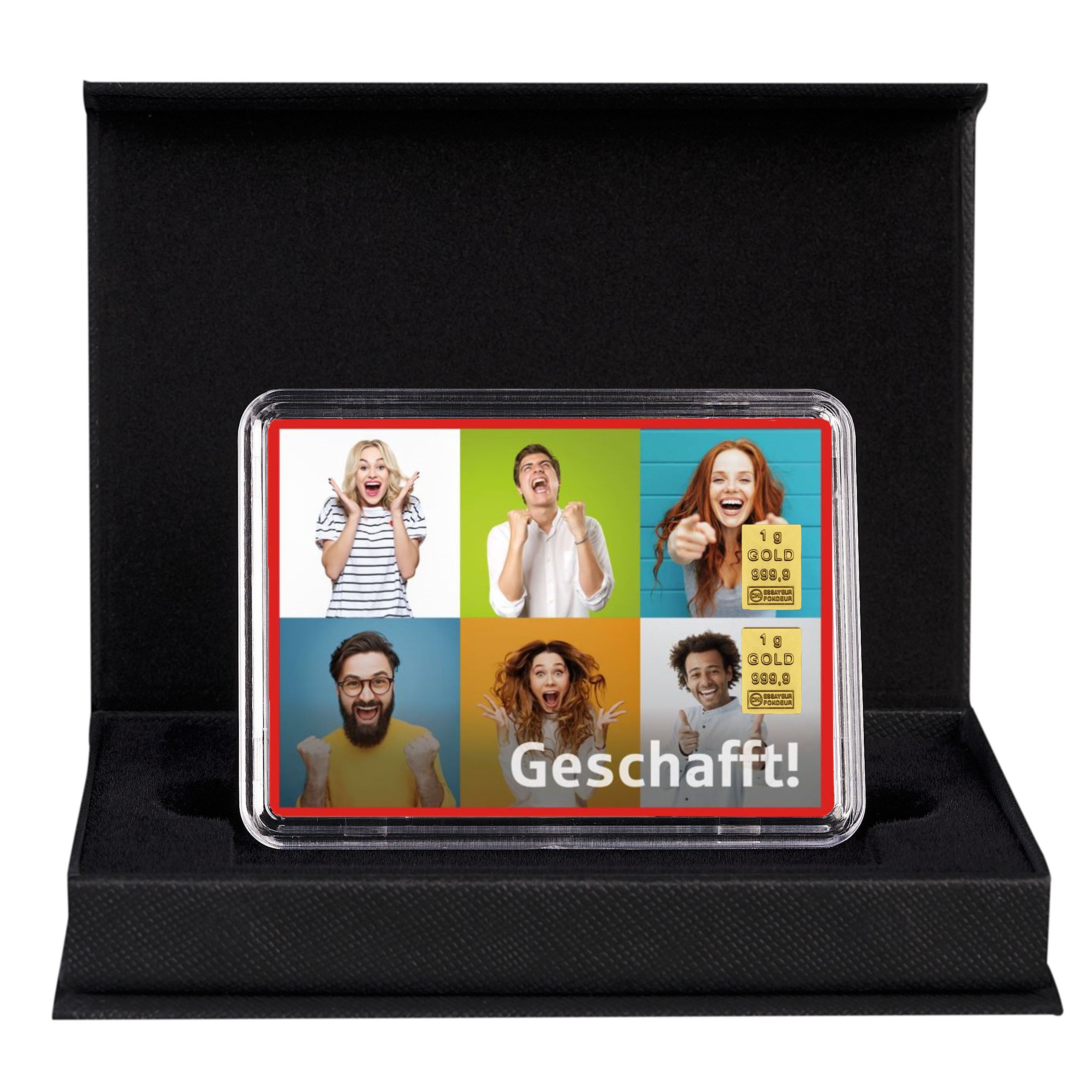 Goldbarren Motivbox "Geschafft! - Jubel" in schwarzer Geschenkbox