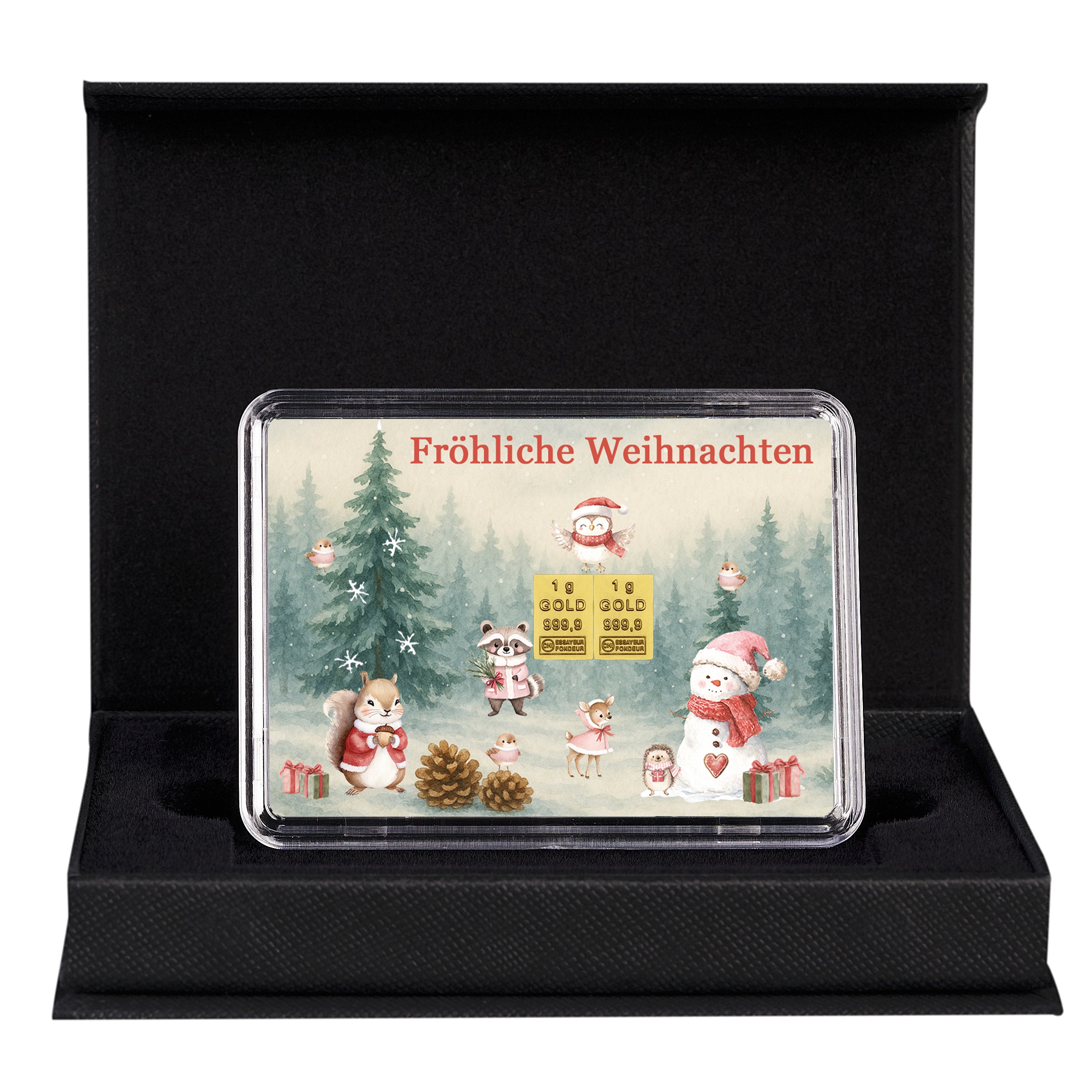 Motivbox „Fröhliche Weihnachten“ mit 2 g Goldbarren und personalisierbarer Grußkarte