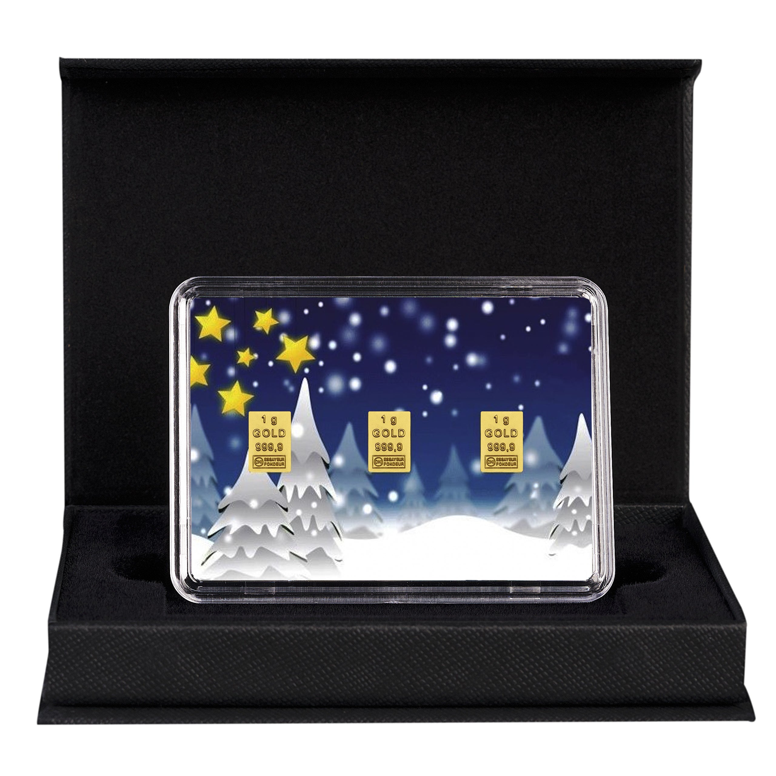 Goldbarren mit Flip-Motivbox "Rentiere" Weihnachten in schwarzer Geschenkbox inkl. Grußkarte mit Wunschtext